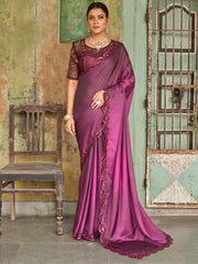 Sensational Wine Sequined Embroidered Satin Party Wear Saree With Blouse