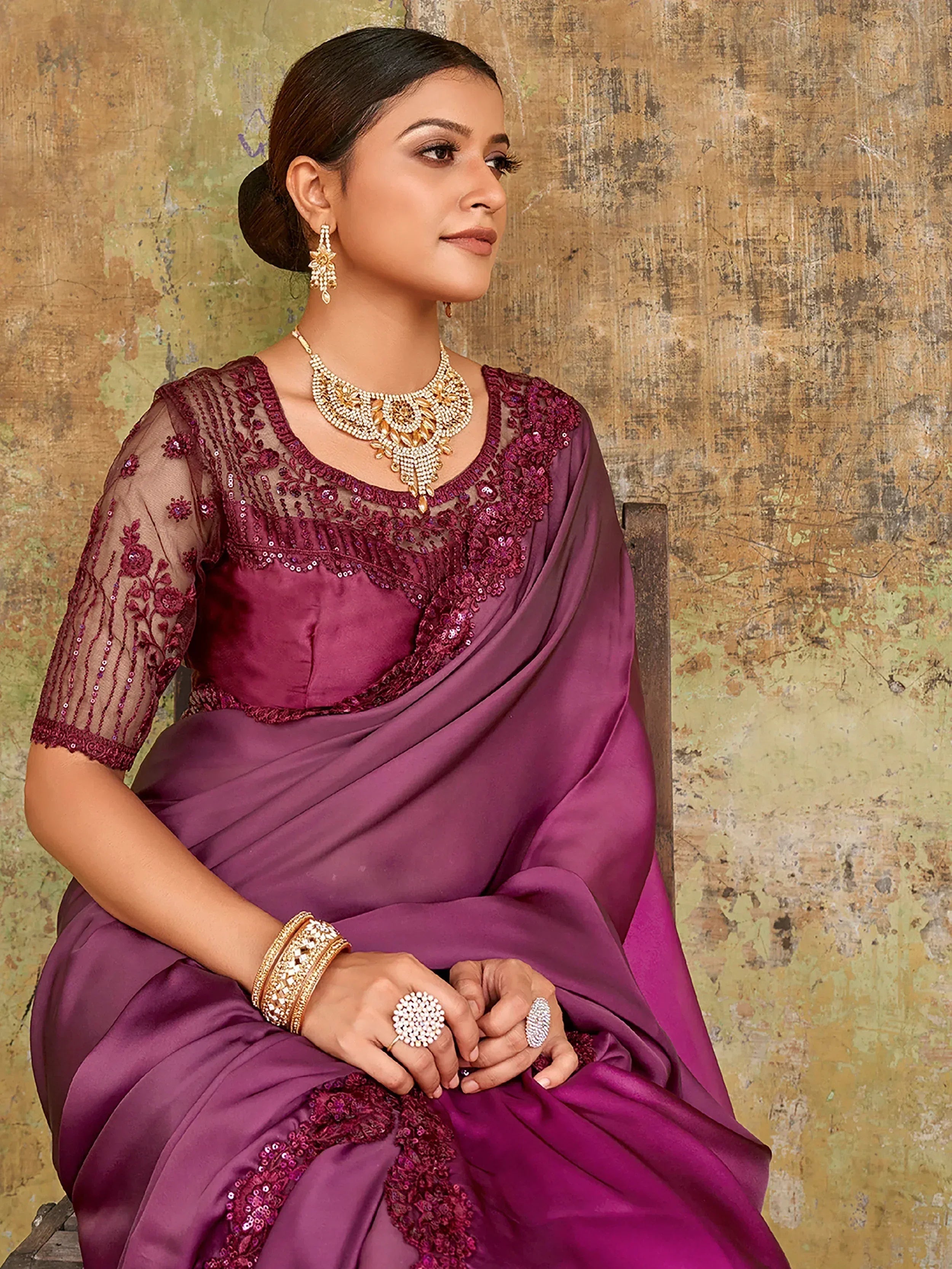 Sensational Wine Sequined Embroidered Satin Party Wear Saree With Blouse