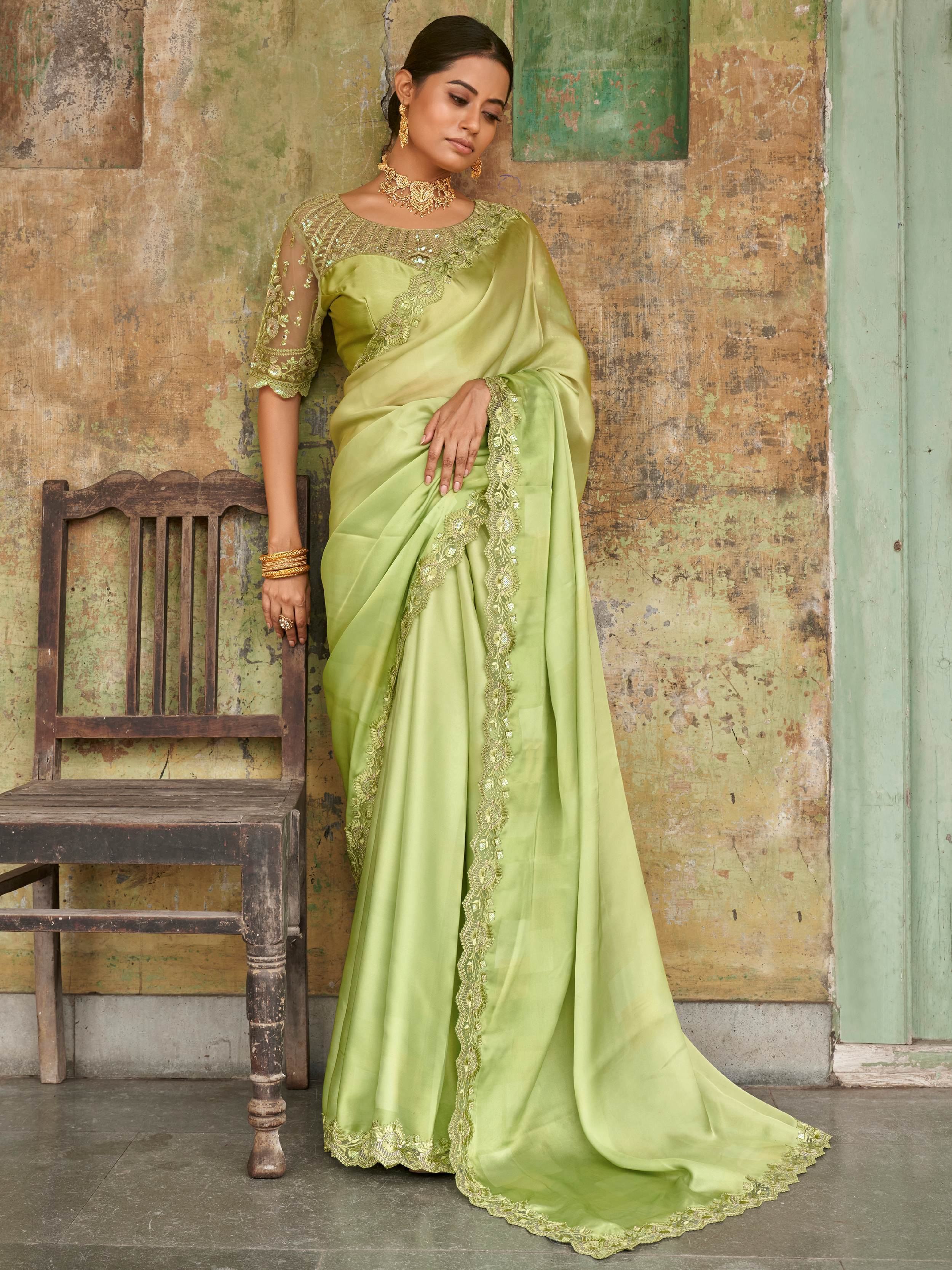 Engaging Limegreen Sequined Satin Party Wear Saree With Blouse