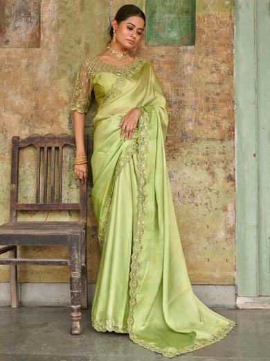 Engaging Limegreen Sequined Satin Party Wear Saree With Blouse