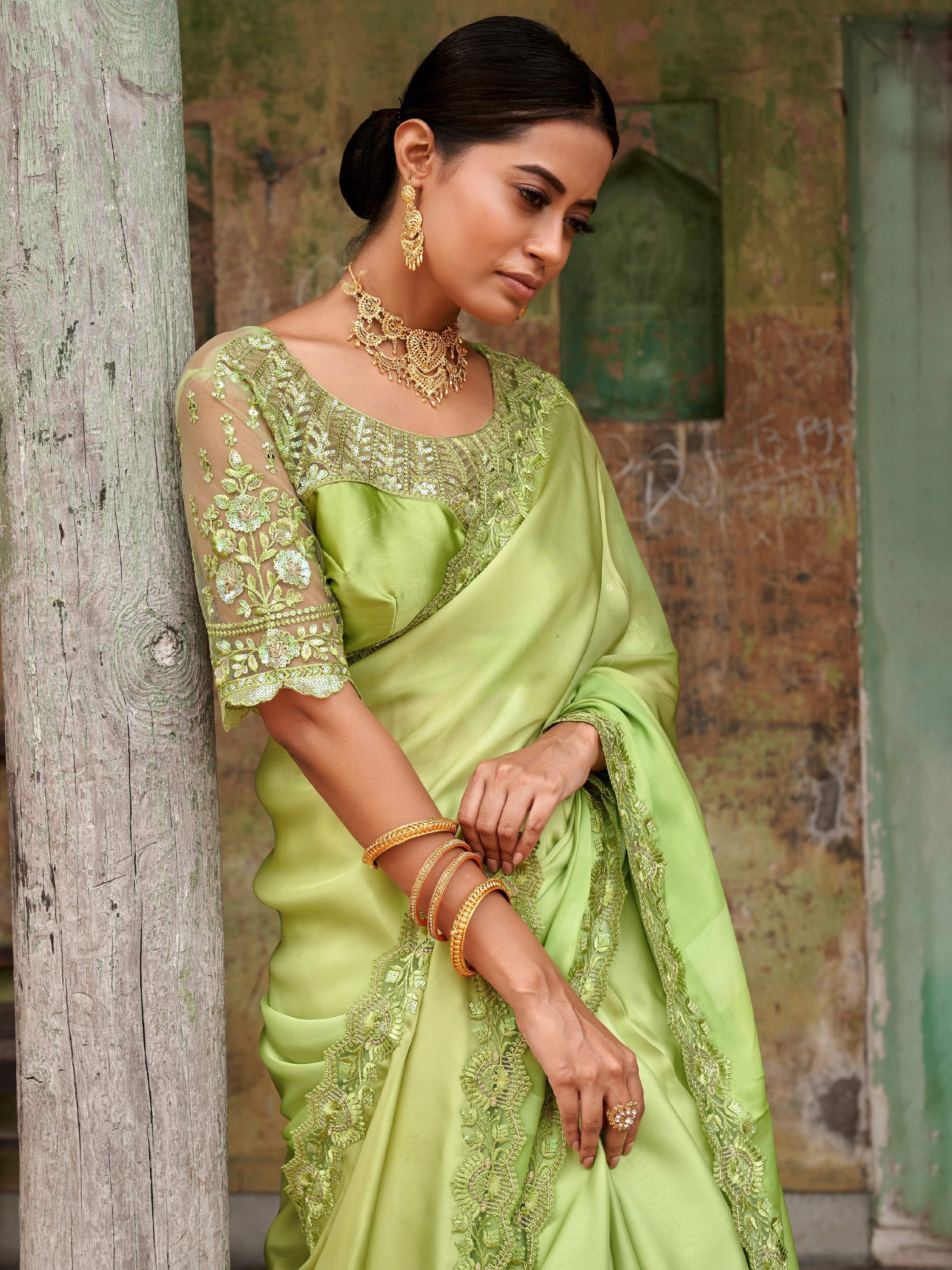 Engaging Limegreen Sequined Satin Party Wear Saree With Blouse