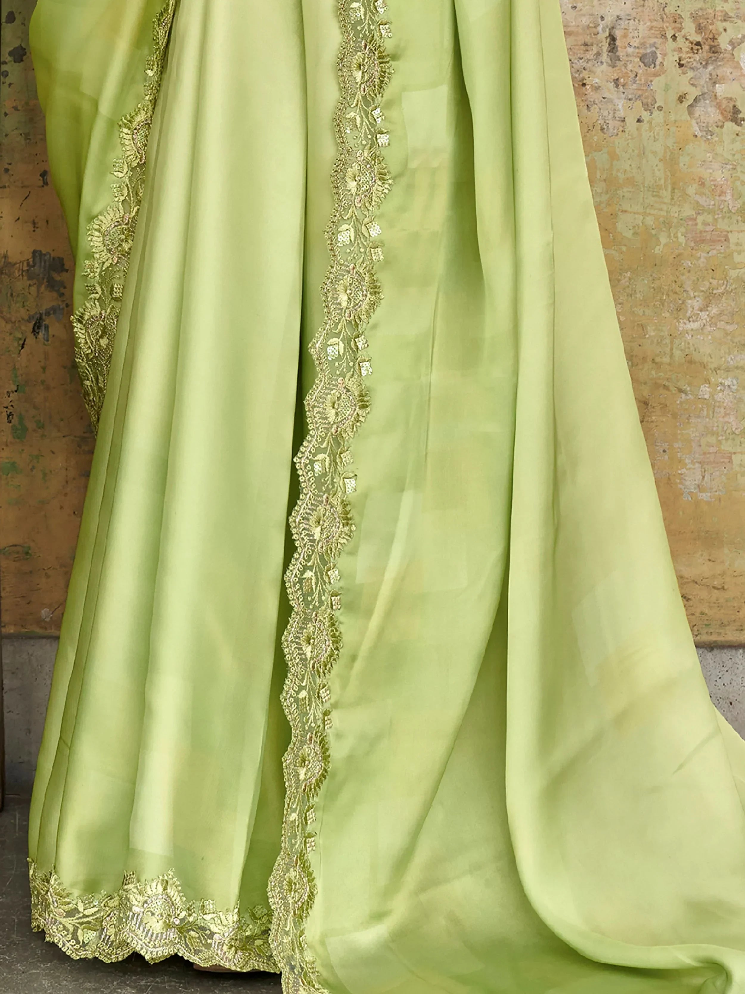 Engaging Limegreen Sequined Satin Party Wear Saree With Blouse