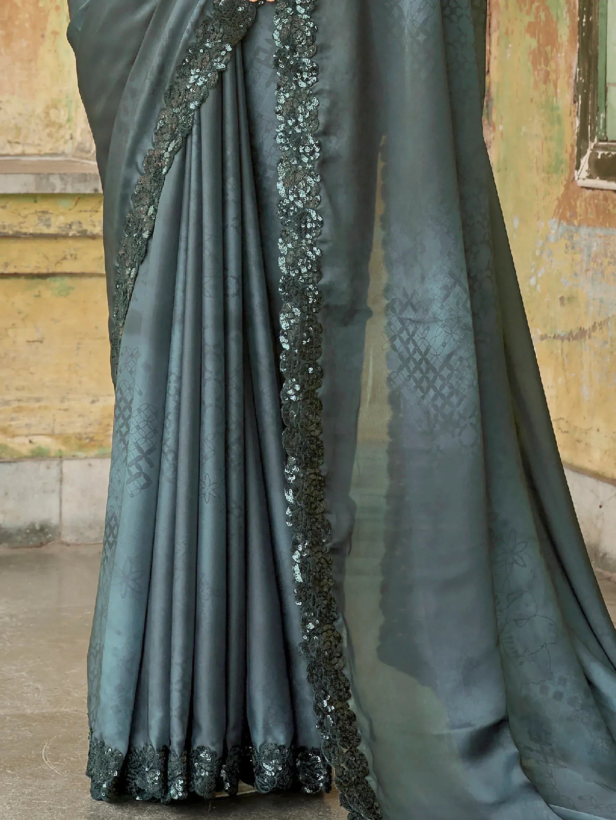 Stupendous Black Sequined Satin Cocktail Party Wear Saree With Blouse