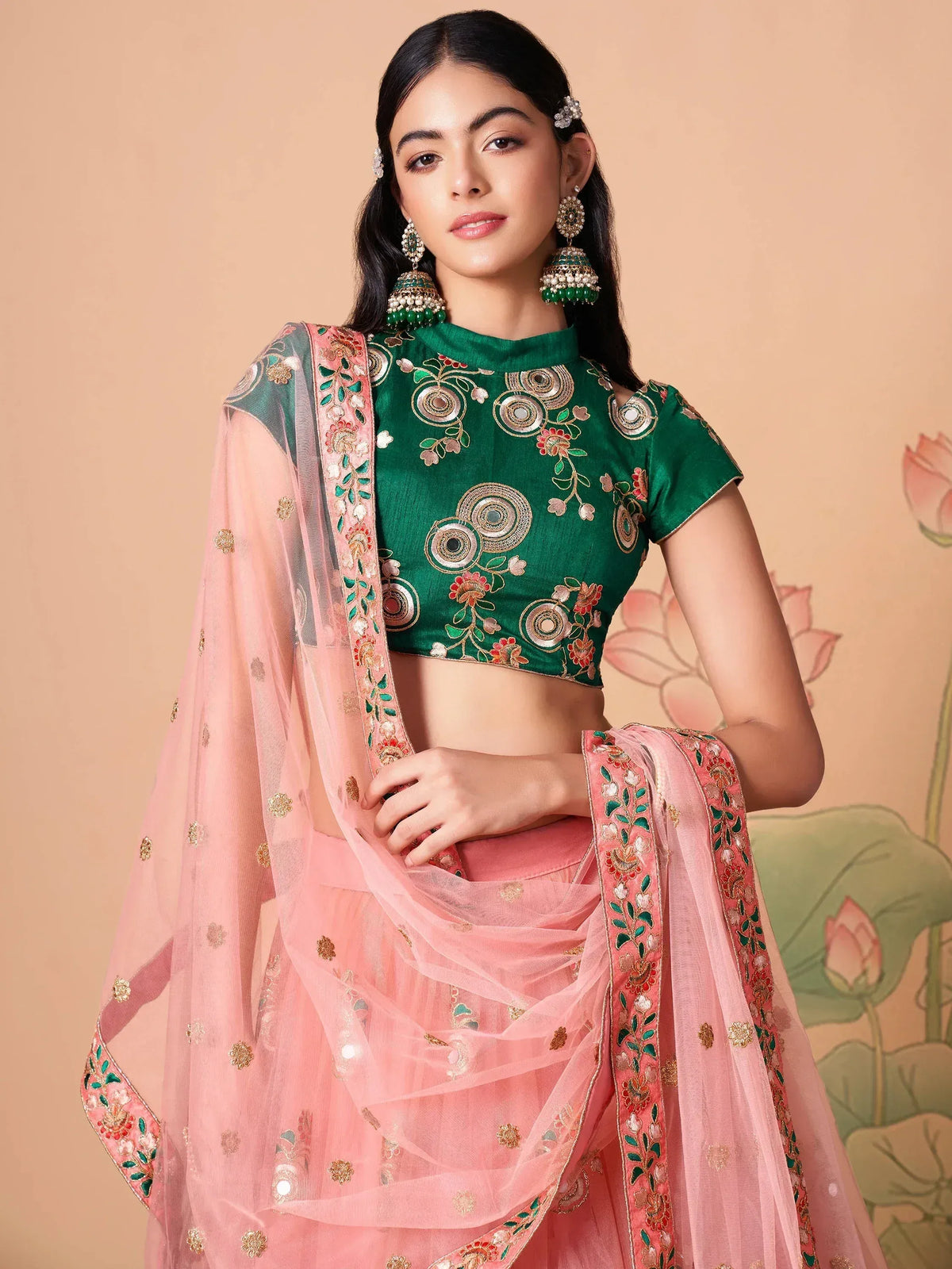 Green embroidered blouse with pink lehenga and dupatta, Indian ethnic wear
