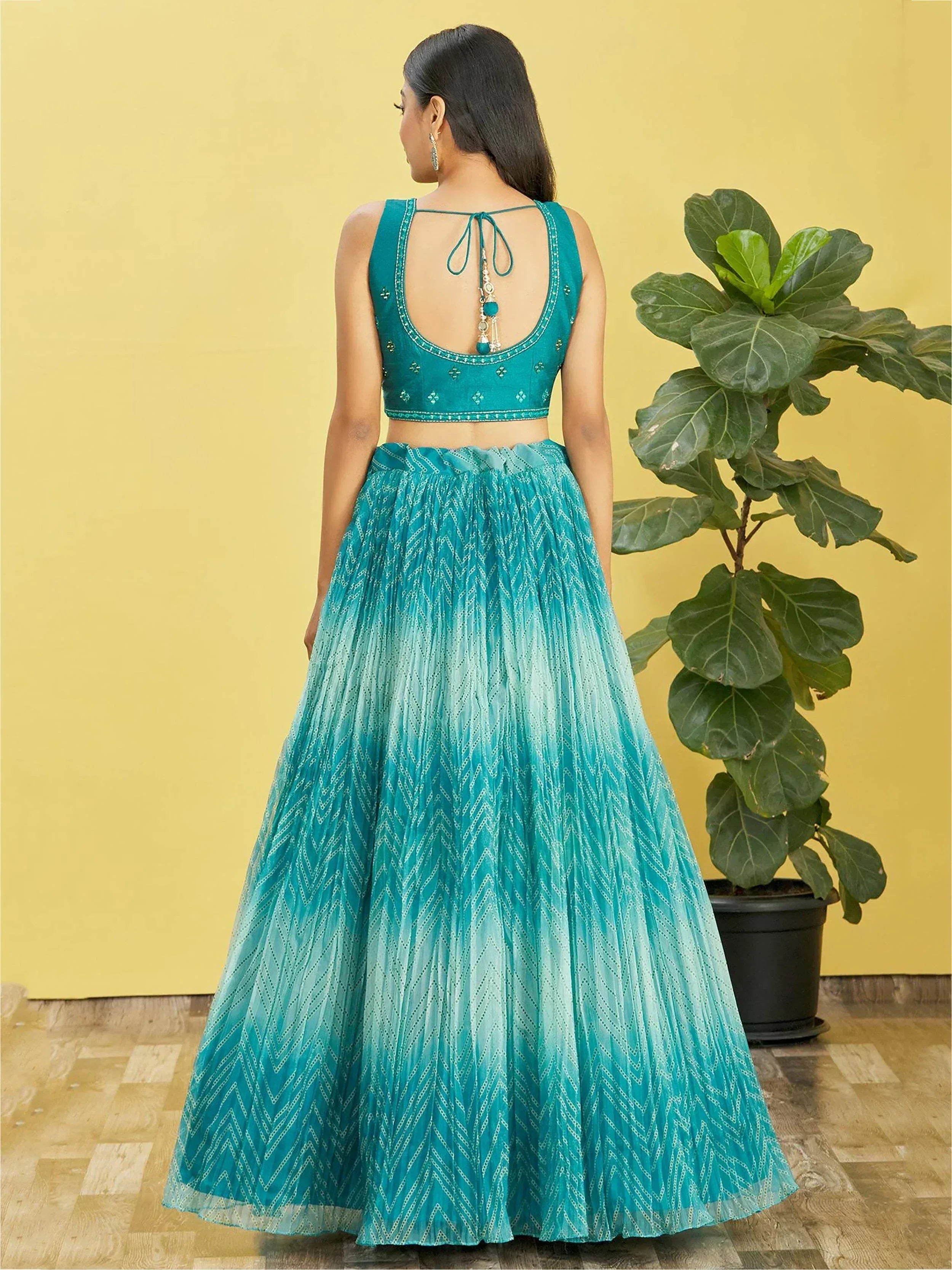 Teal blue lehenga choli with back tie blouse and chevron print skirt, ethnic Indian wear