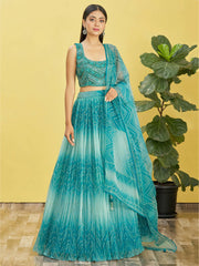 Beautiful Blue Mirror Work Organza Wedding Wear Lehenga Choli