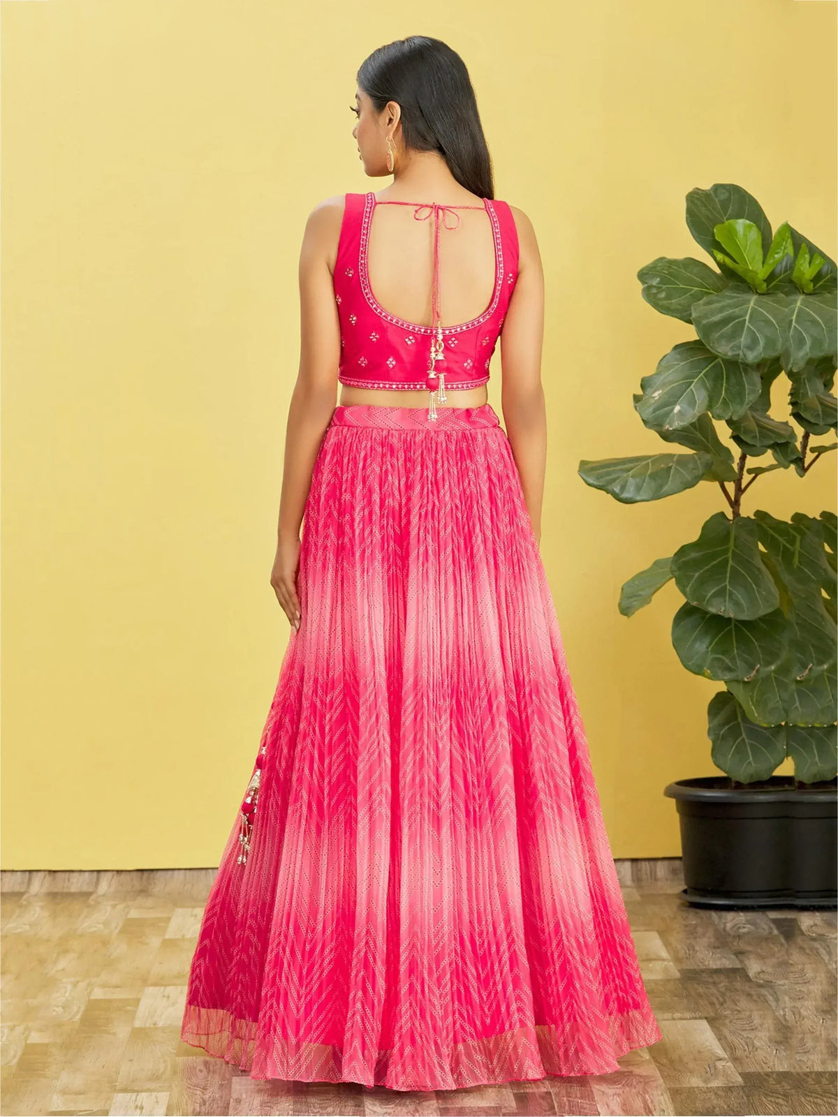 Pink lehenga choli with back tie blouse and pleated skirt, Indian ethnic wear