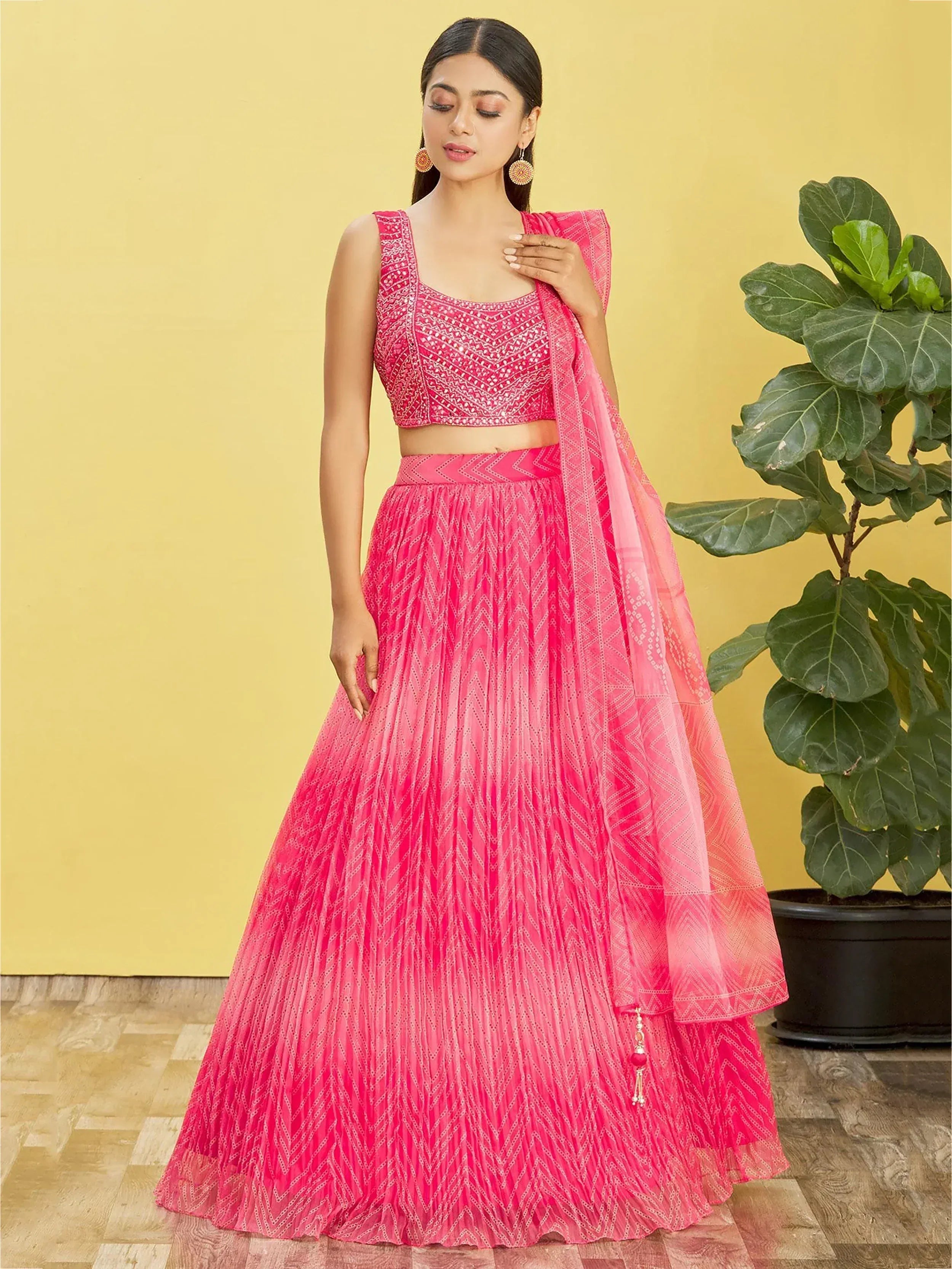 Pink embroidered lehenga choli with pleated skirt and dupatta, Indian ethnic wear for women