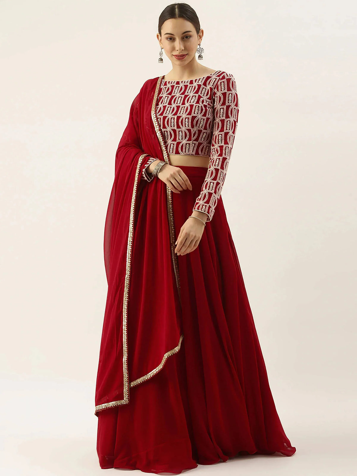 Red embroidered lehenga choli with gold trim, Indian ethnic wear for women
