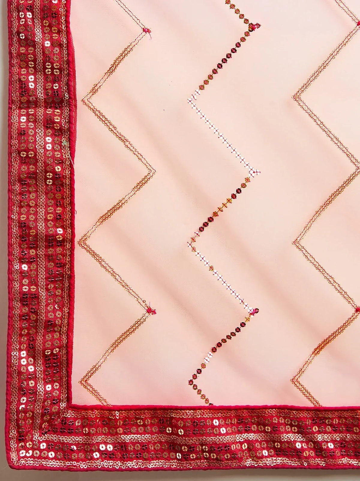 Pink ethnic saree with red sequin border and geometric embroidery
