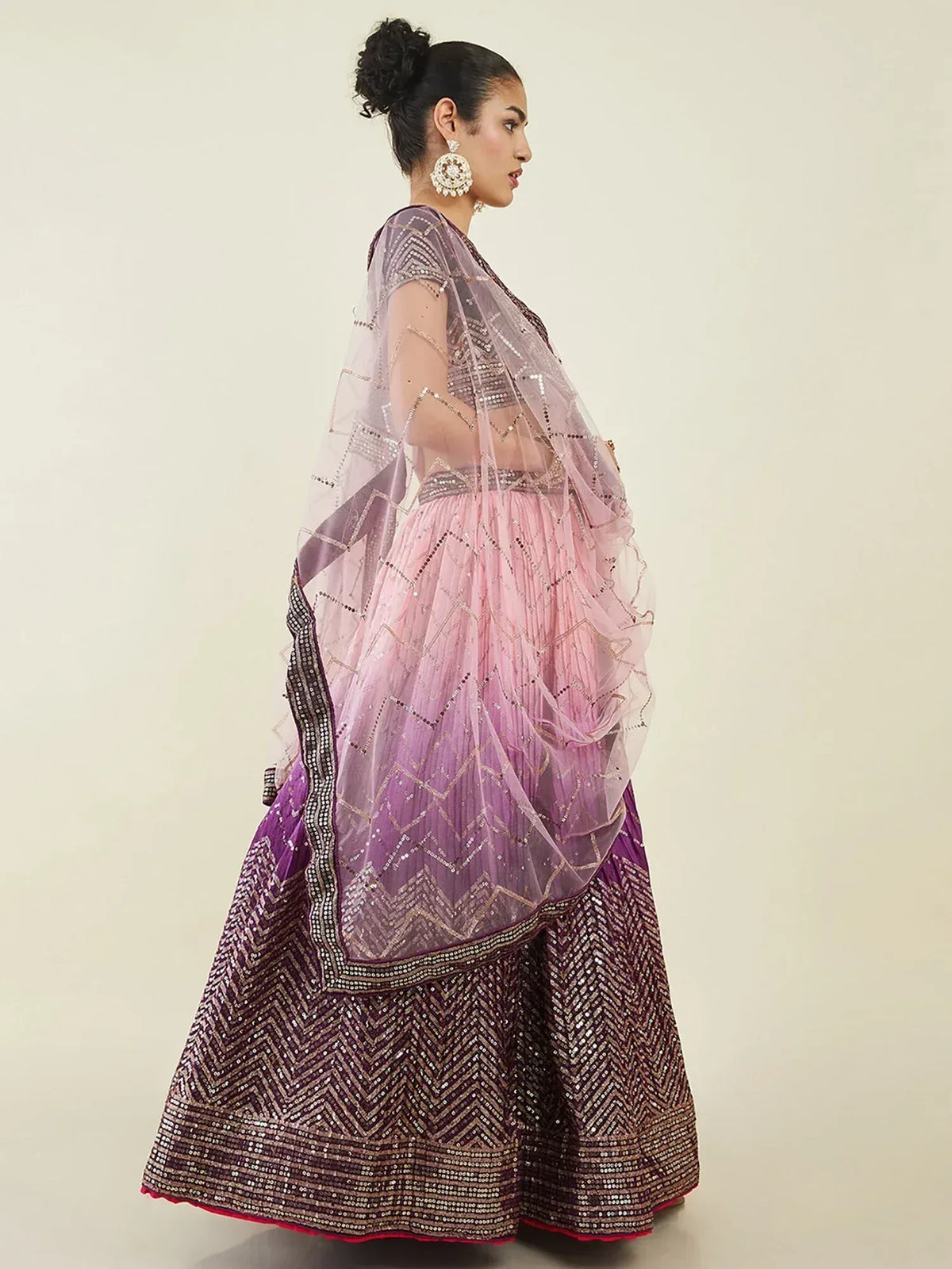 Pink and purple ombre lehenga choli with sequin embroidery and sheer dupatta, Indian ethnic wear