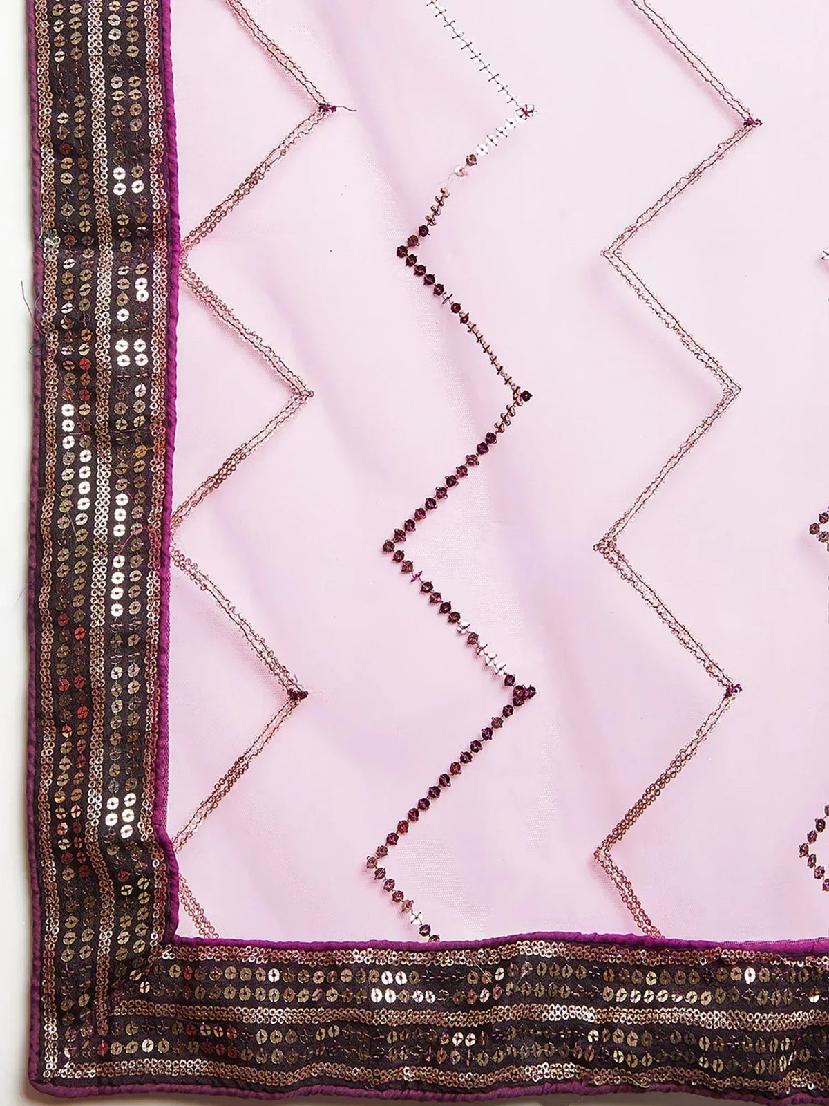 Pink ethnic dupatta with sequin border and geometric embroidery, perfect for lehenga or saree styling
