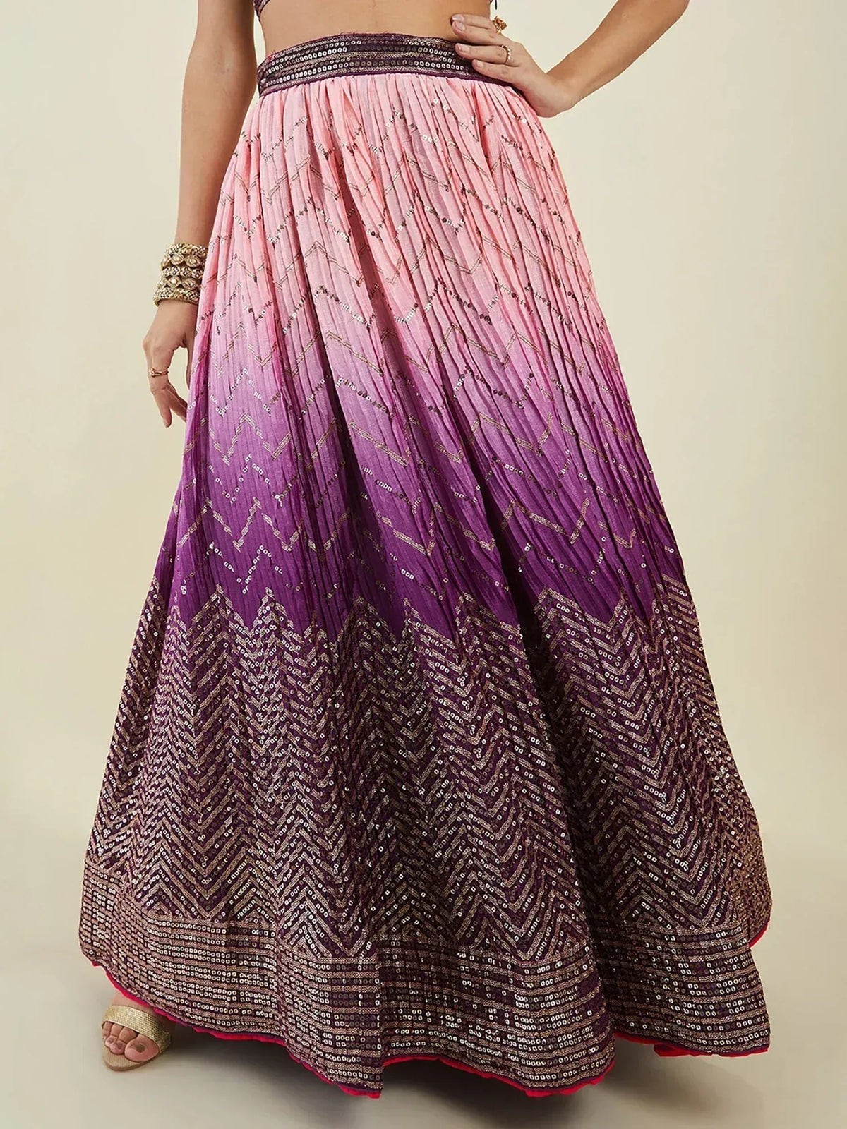 Pink to purple ombre lehenga skirt with sequin chevron pattern, pleated design for ethnic wear