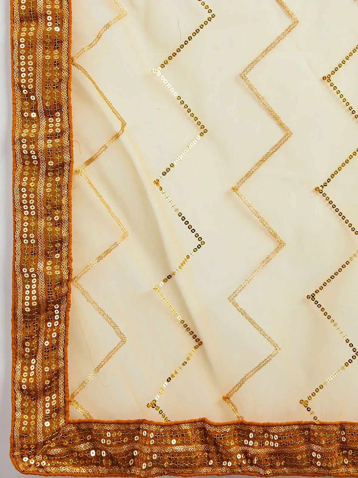 Cream ethnic dupatta with gold zigzag sequin embroidery and ornate border detailing