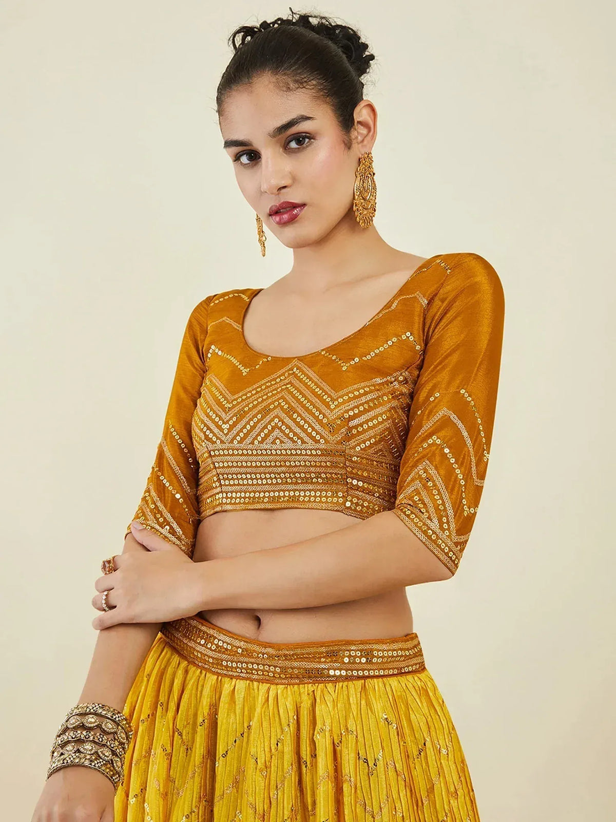 Mustard yellow lehenga choli with sequin embroidery, perfect for Indian ethnic wear and festive occasions
