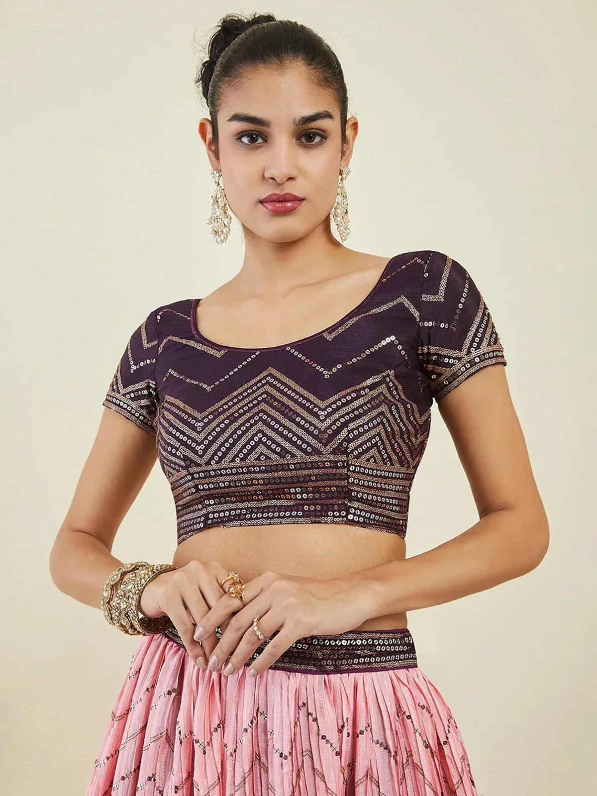 Purple embroidered blouse with pink lehenga, ethnic wear for women