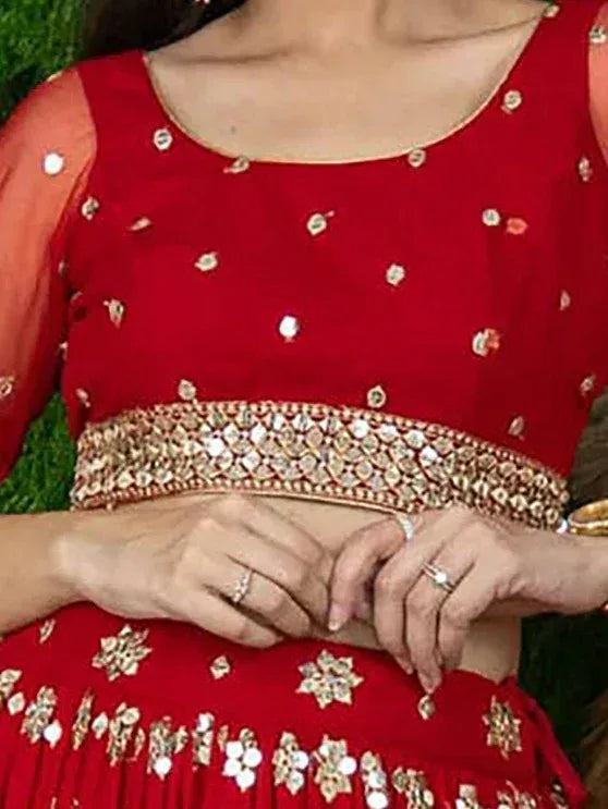 Alluring Red Sequins Georgette Lehenga Choli With Attached Dupatta