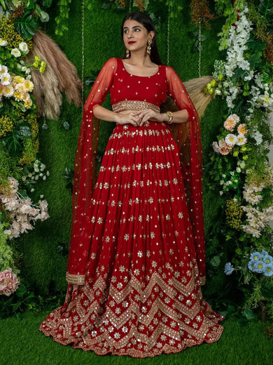 Alluring Red Sequins Georgette Lehenga Choli With Attached Dupatta