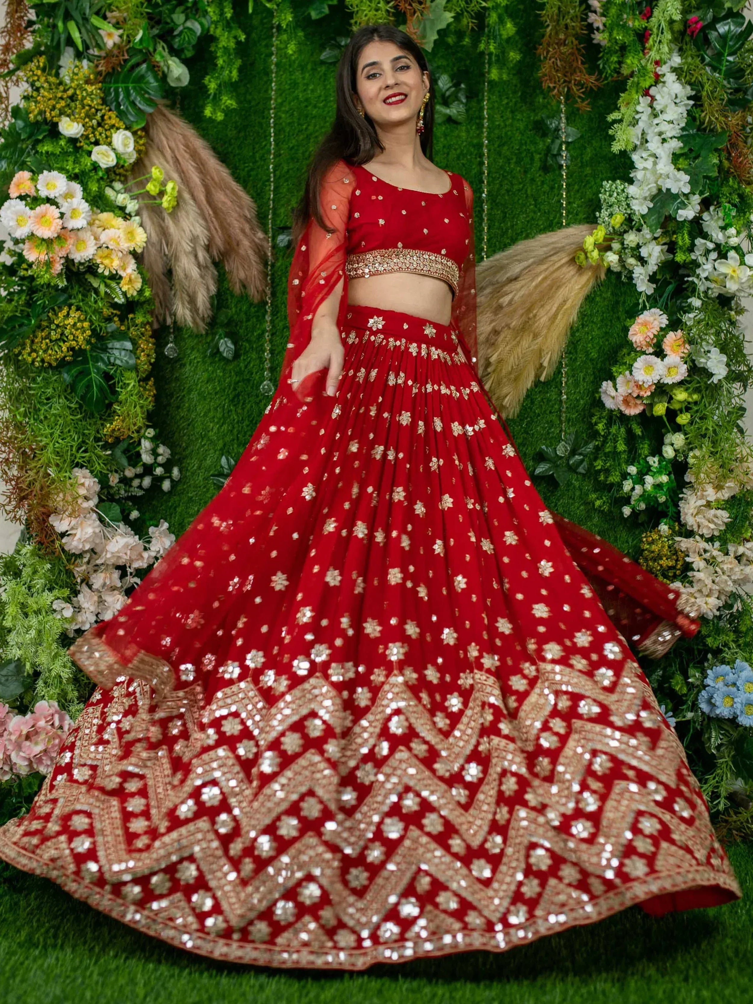 Alluring Red Sequins Georgette Lehenga Choli With Attached Dupatta