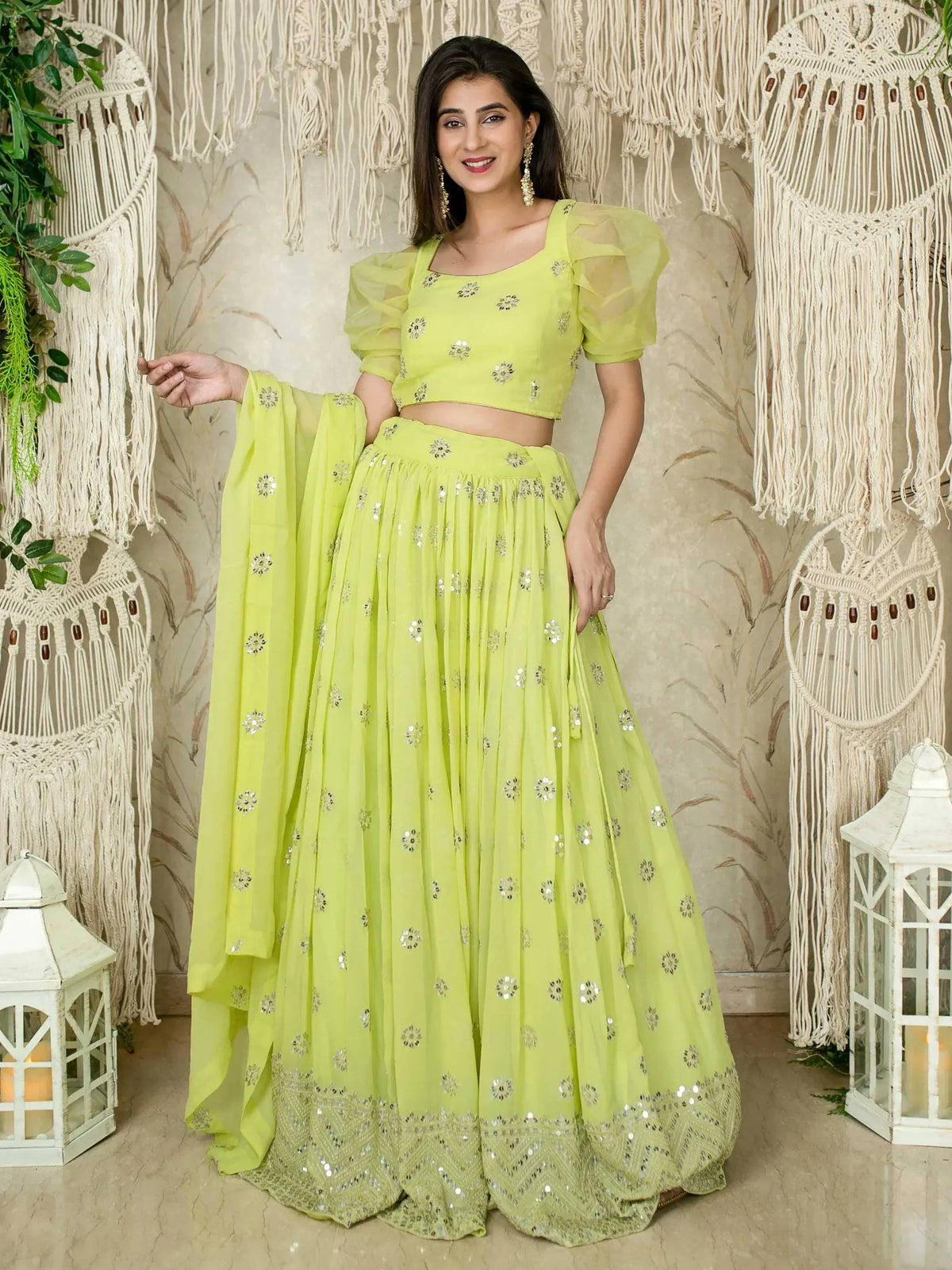 Lime green embroidered lehenga choli with puff sleeves and floral sequin details