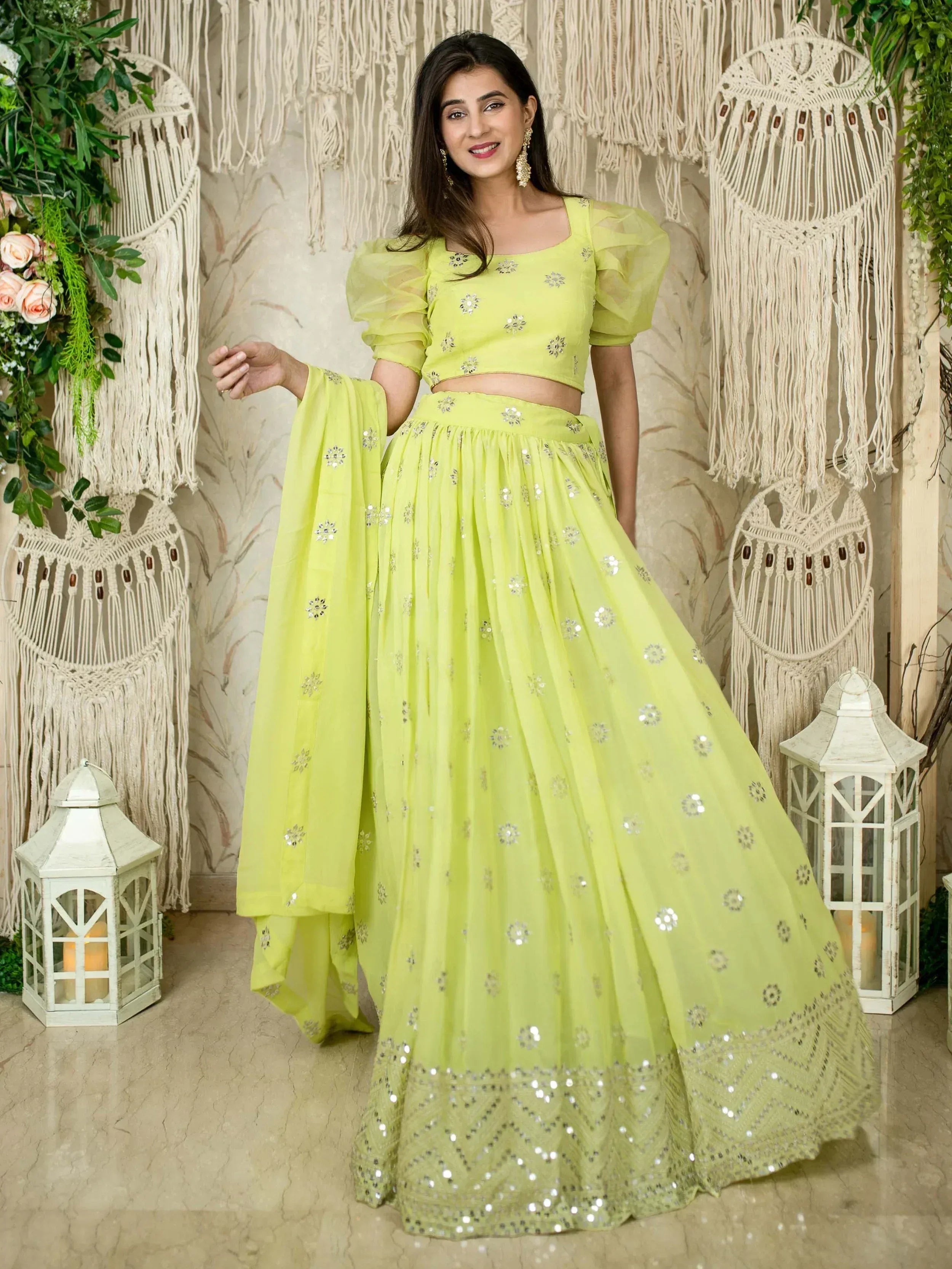 Lime green embroidered lehenga choli with puff sleeves and sequin detailing, perfect for ethnic occasions.