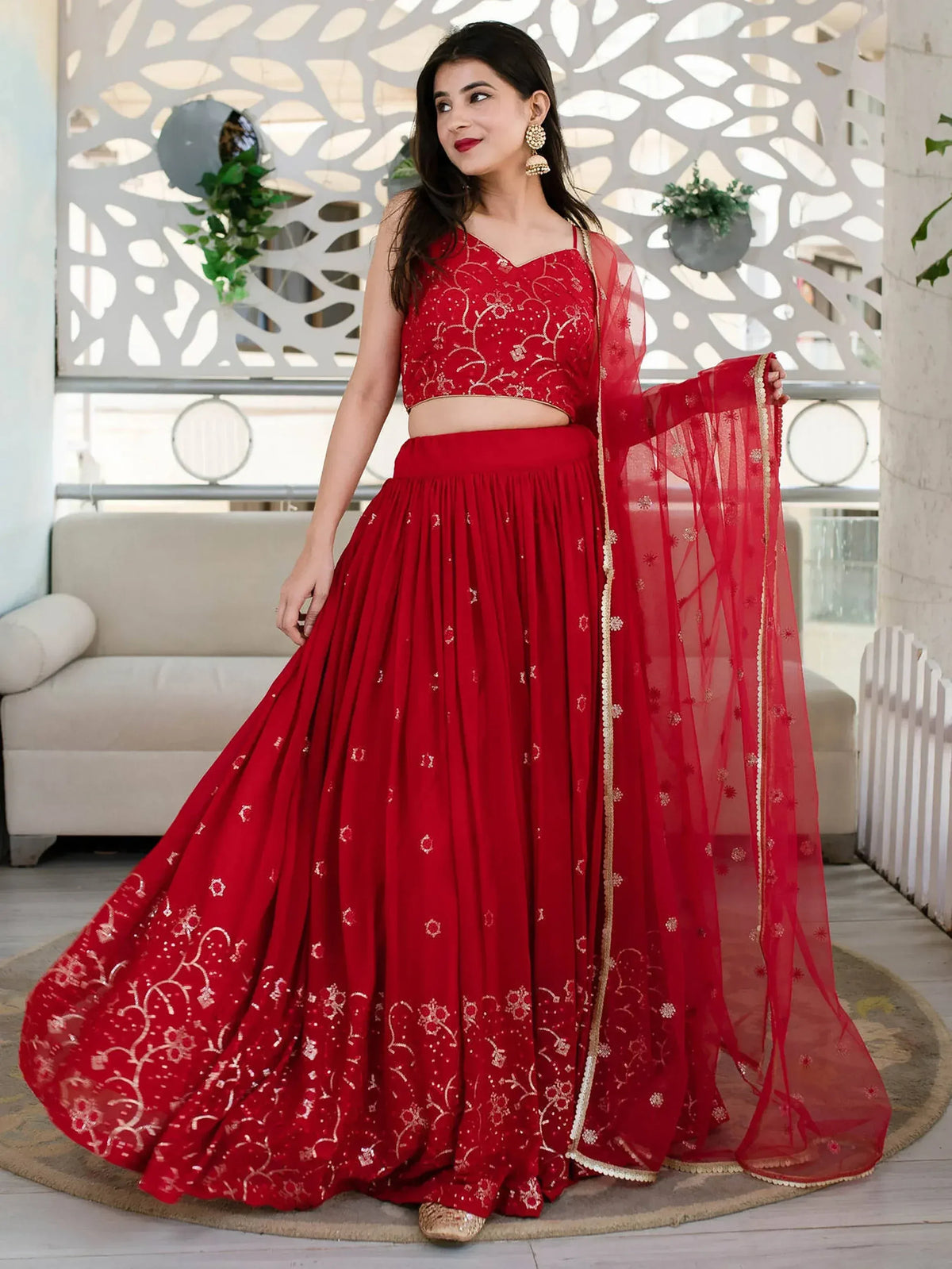 Red embroidered lehenga choli with sheer dupatta, Indian ethnic wear for weddings and festivals