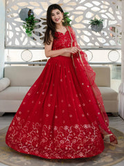Awesome Red Embroidered Georgette Reception Wear Lehenga Choli