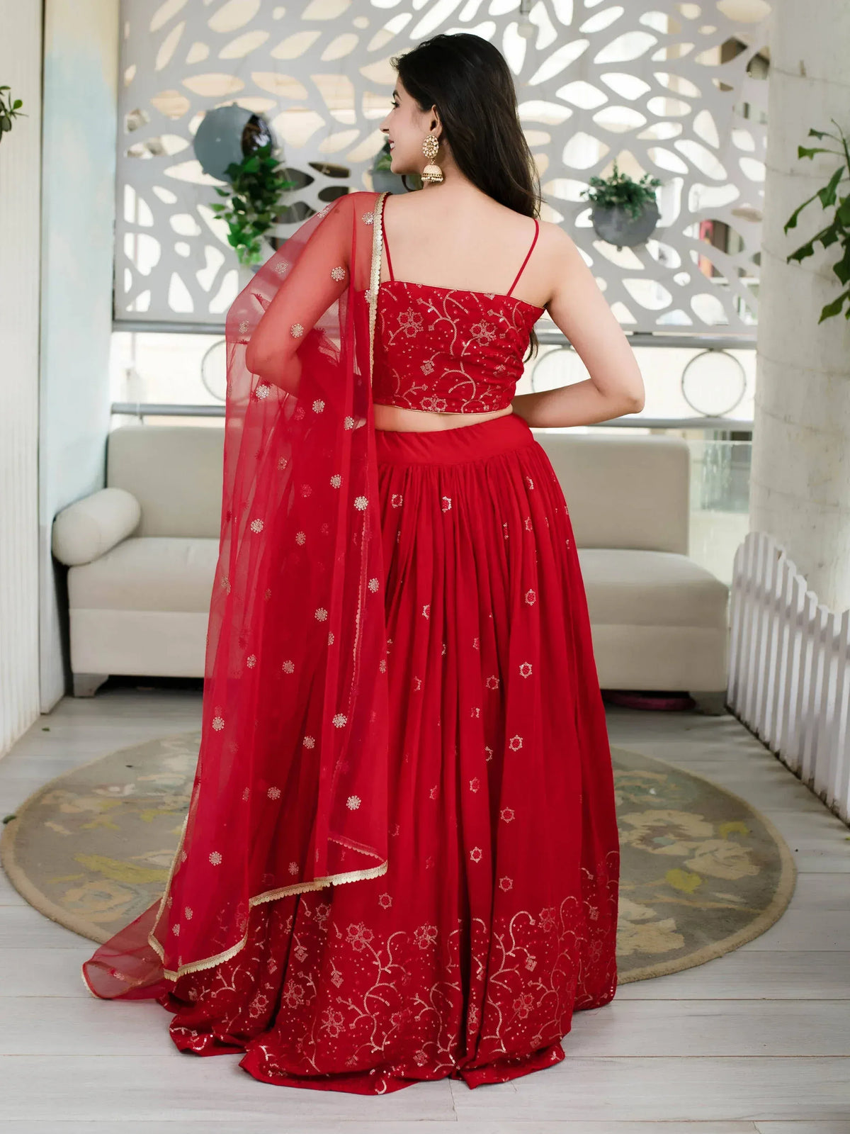 Red embroidered lehenga choli with sheer dupatta, Indian ethnic wear for women