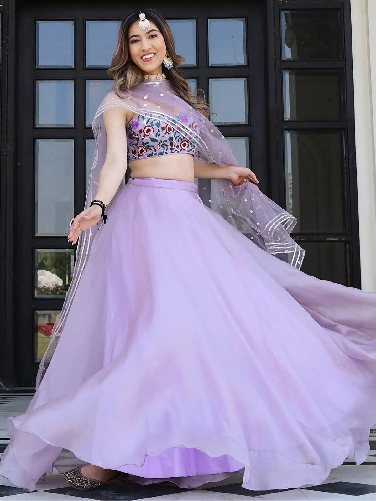 Lavender lehenga choli with floral embroidery and sheer dupatta, perfect for Indian ethnic wear events