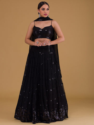 Outstanding Black Sequins Georgette Party Wear Lehenga Choli