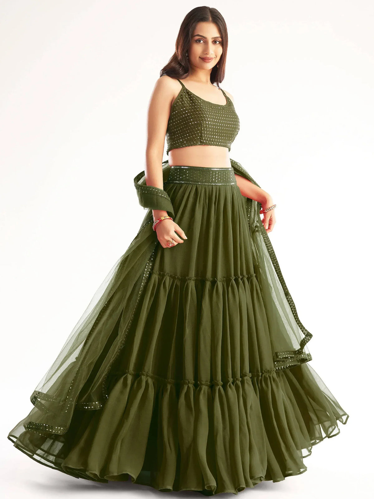 Olive green designer lehenga choli with sequin embellishments and layered skirt for Indian ethnic wear