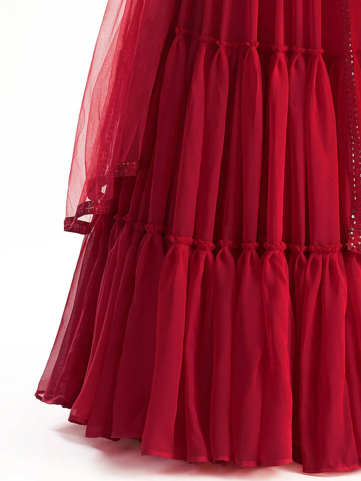Red layered ethnic gown with sheer sleeves and sequin detailing