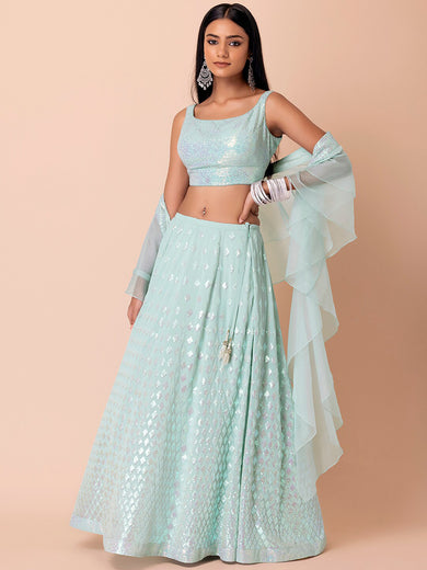 Fabulous Sky-Blue Embroidered Georgette Reception Wear Lehenga Choli