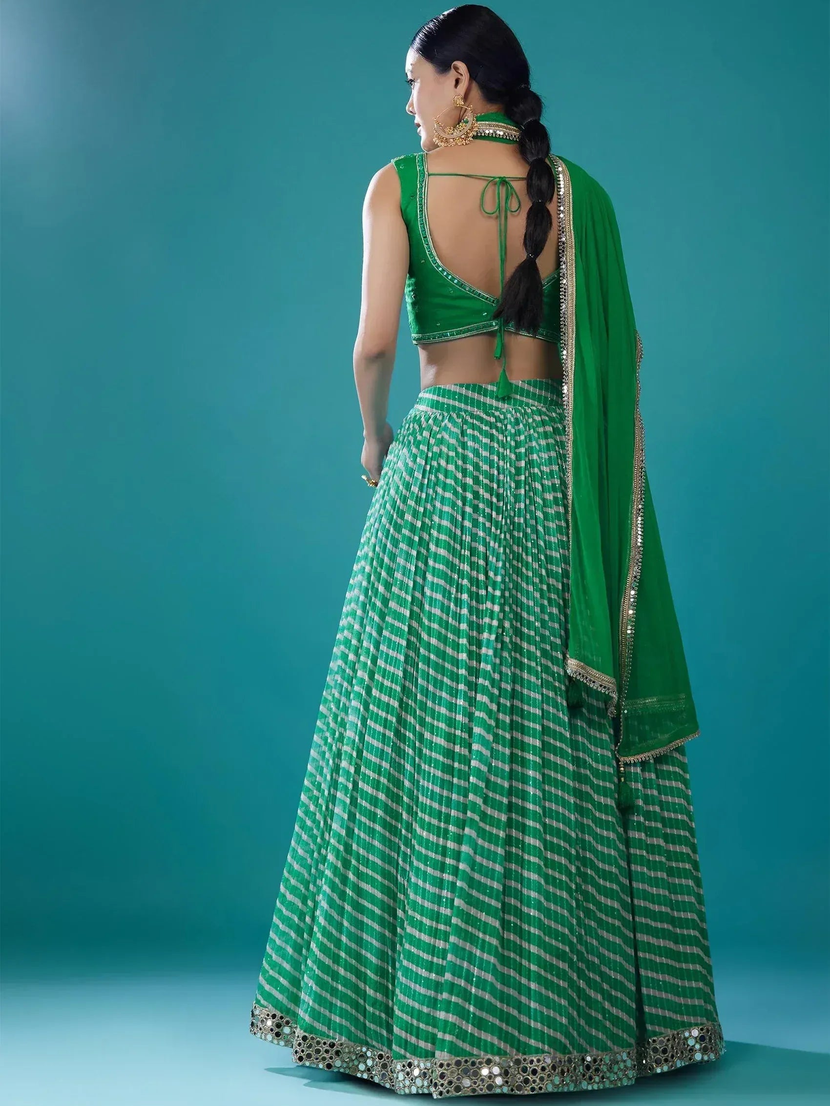 Green and white striped lehenga choli with back tie blouse and dupatta, ethnic wear for women