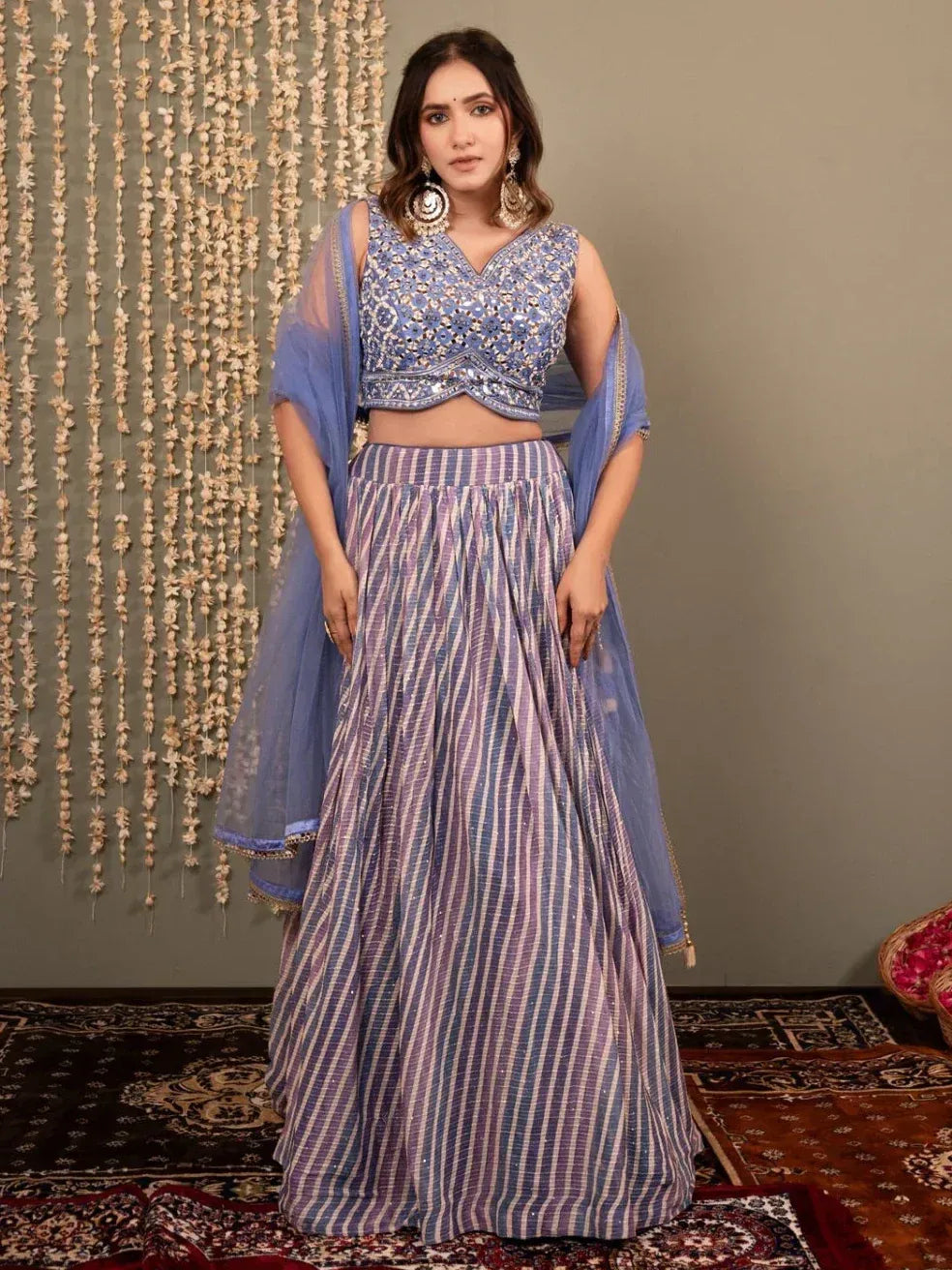 Blue embroidered lehenga choli with striped skirt and sheer dupatta for Indian ethnic wear