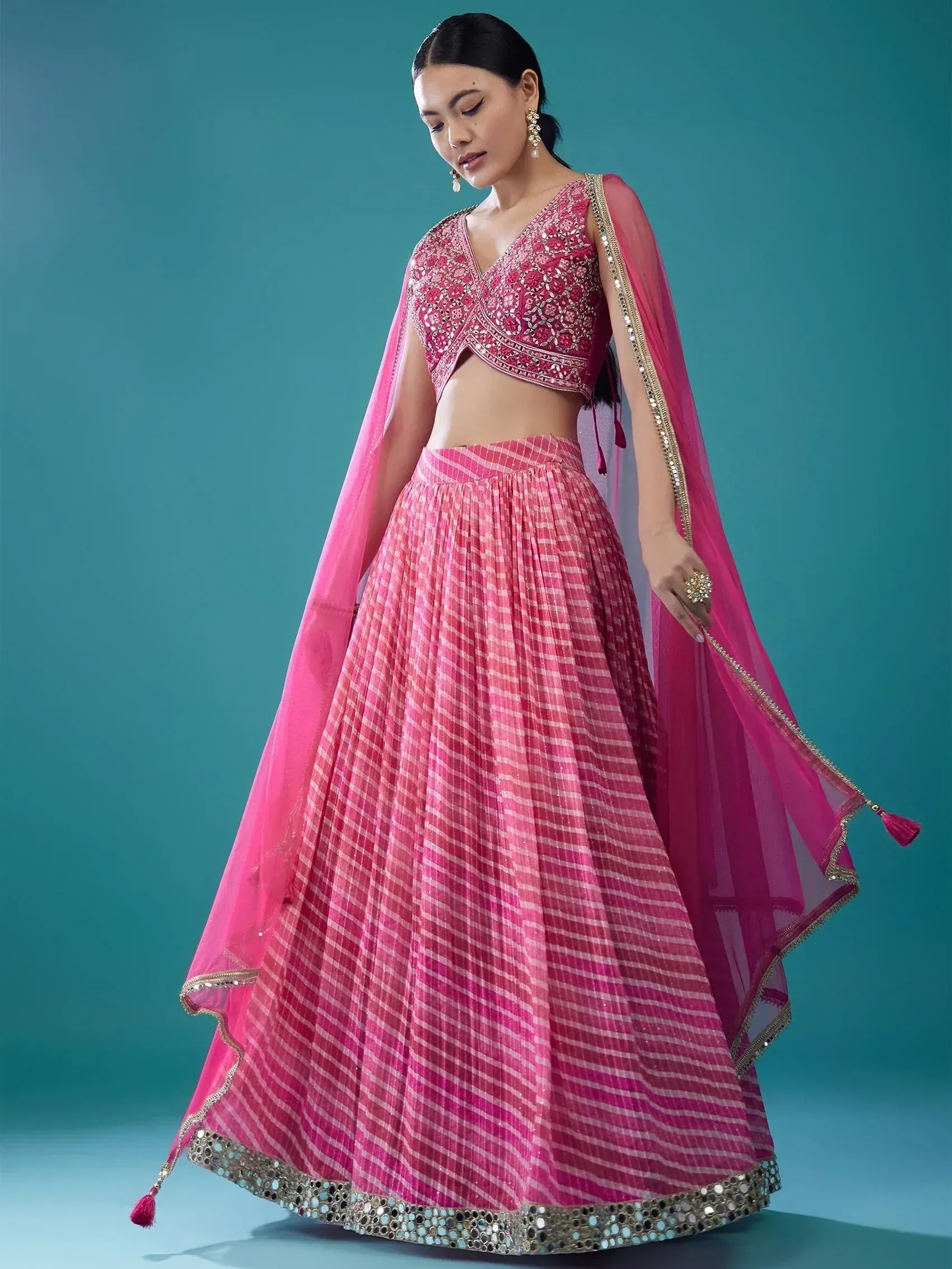 Pink embroidered lehenga choli with striped skirt and sheer dupatta for Indian ethnic wear
