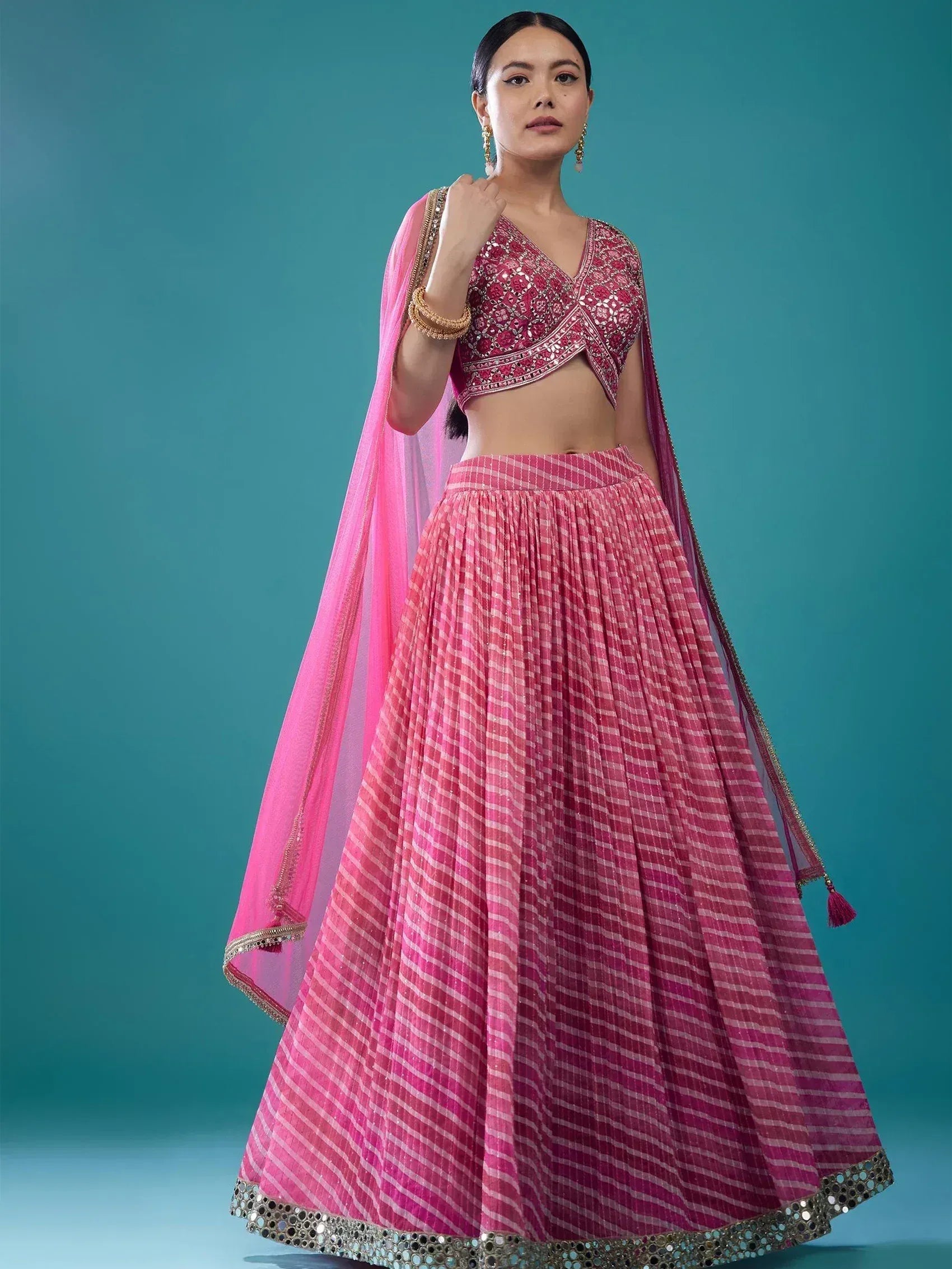 Pink striped lehenga choli with embroidered crop top and dupatta, Indian ethnic wear