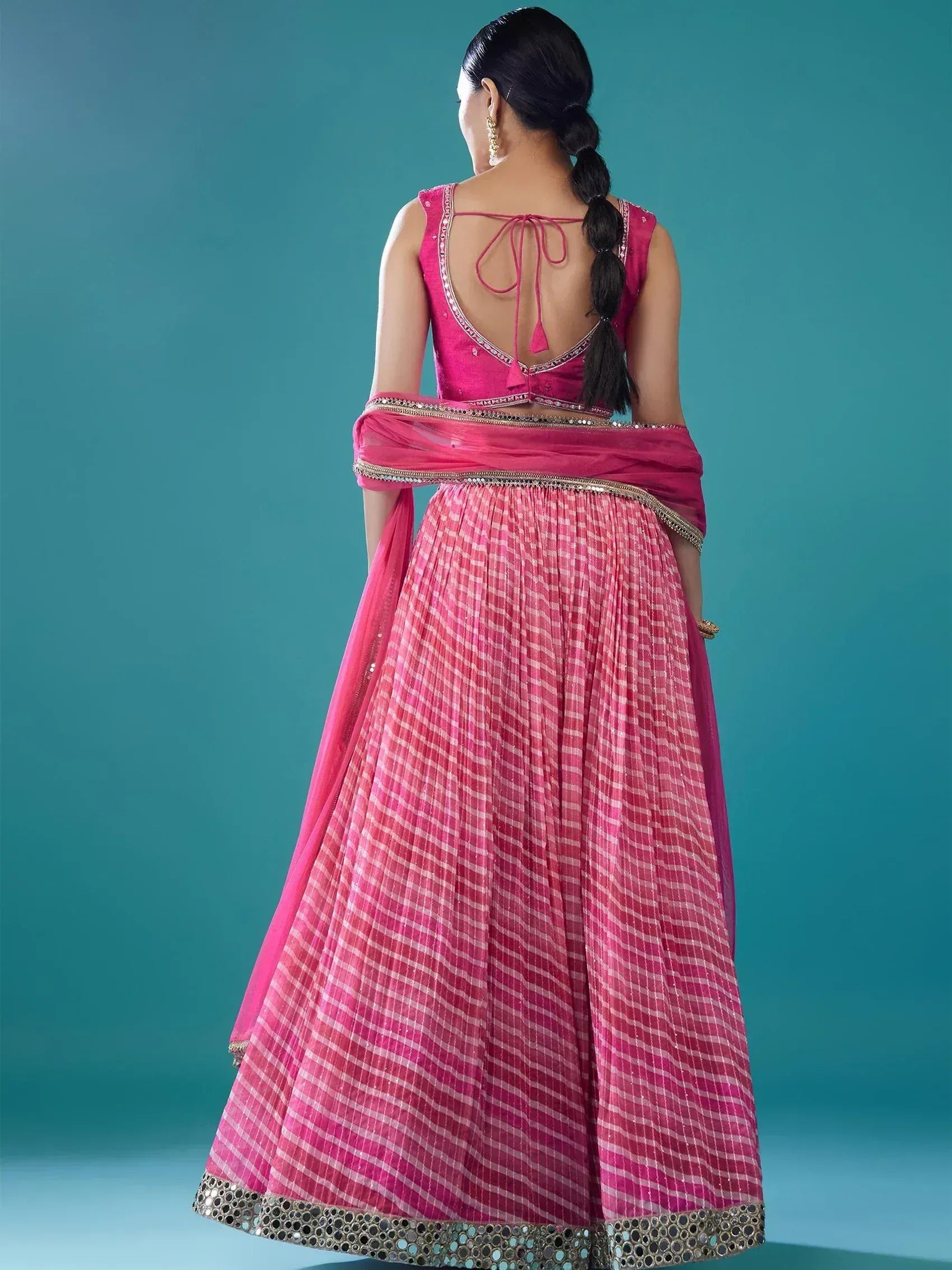 Pink checkered lehenga choli with mirror work and back tie blouse, ethnic Indian wear