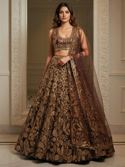 Mesmerizing Brown Sequins Net Reception Wear Plus Size Lehenga Choli