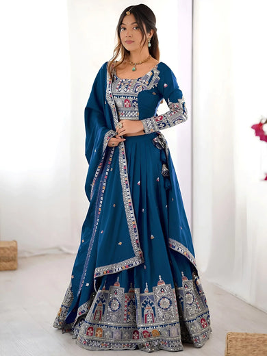 Beautiful Dove Blue Sequins Crepe Wedding Lehenga Choli With Dupatta