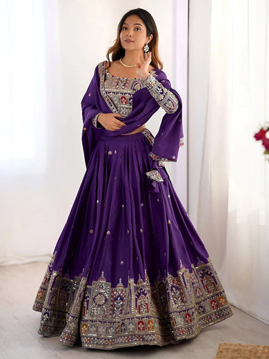 Fantastic Purple Thread Embroidered Crepe Lehenga Choli With Dupatta