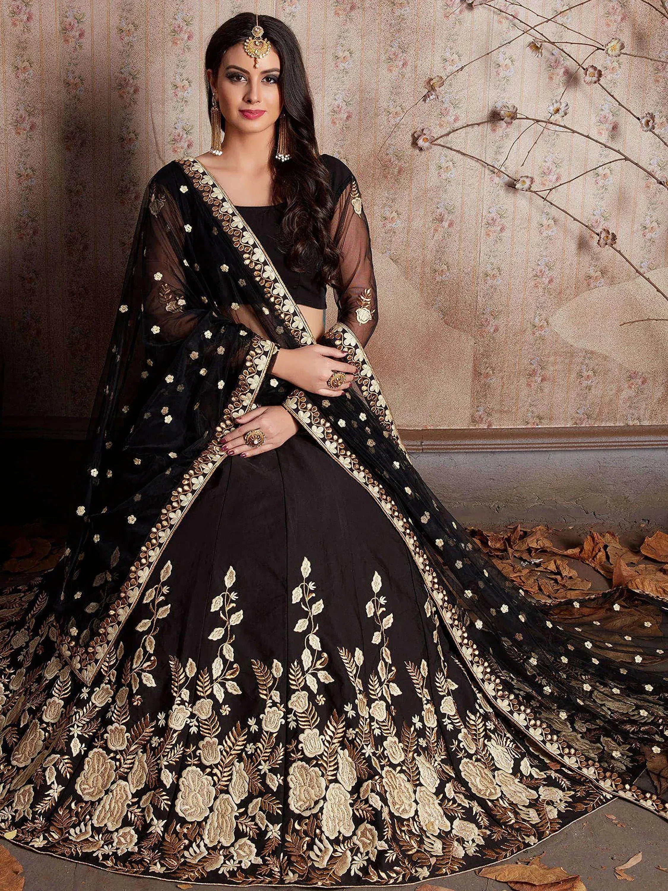 Glamorous Black Embroidered Silk Wedding Wear Plus Size Lehenga Choli