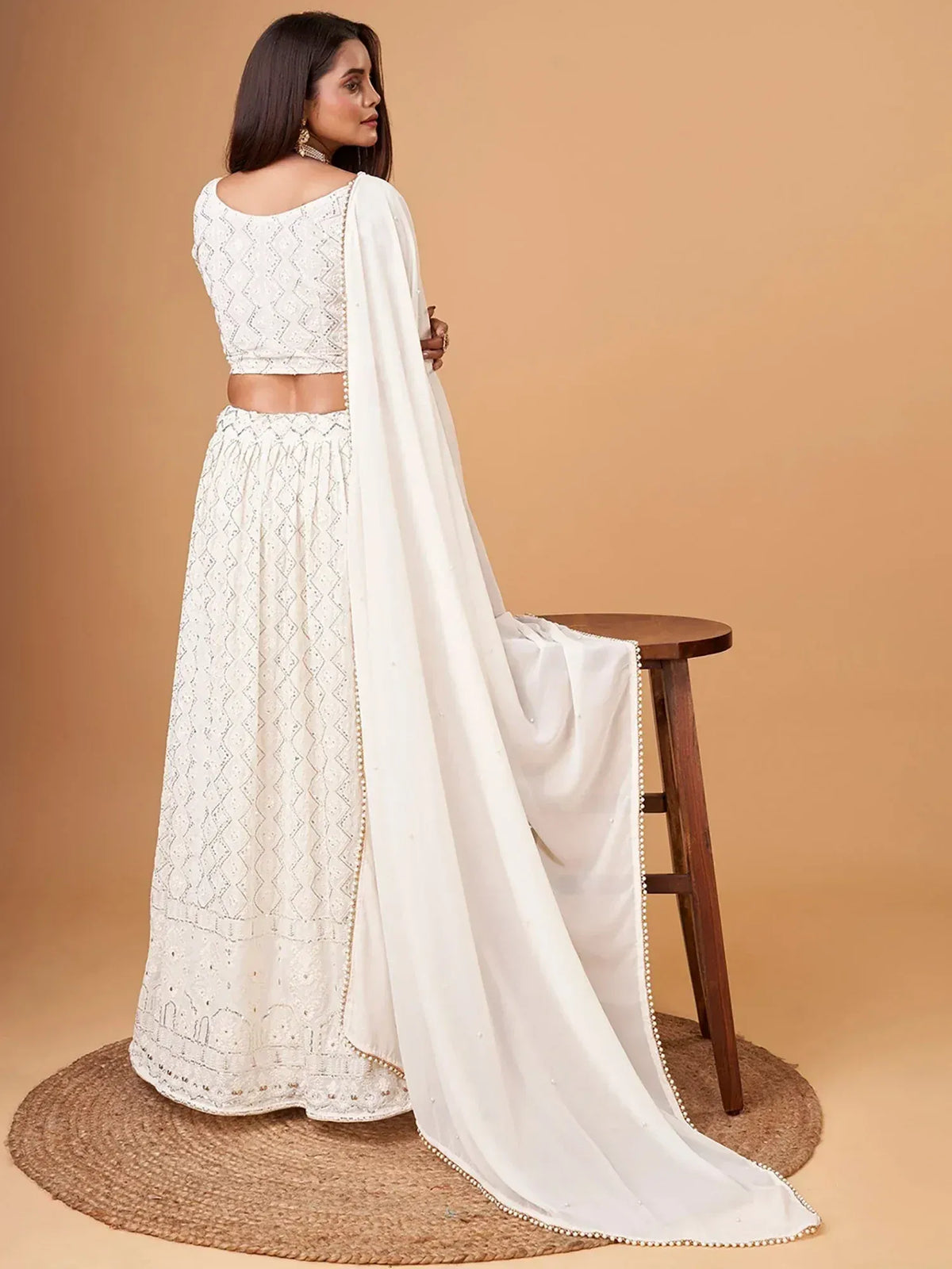 White embroidered lehenga choli with dupatta, Indian ethnic wear for women
