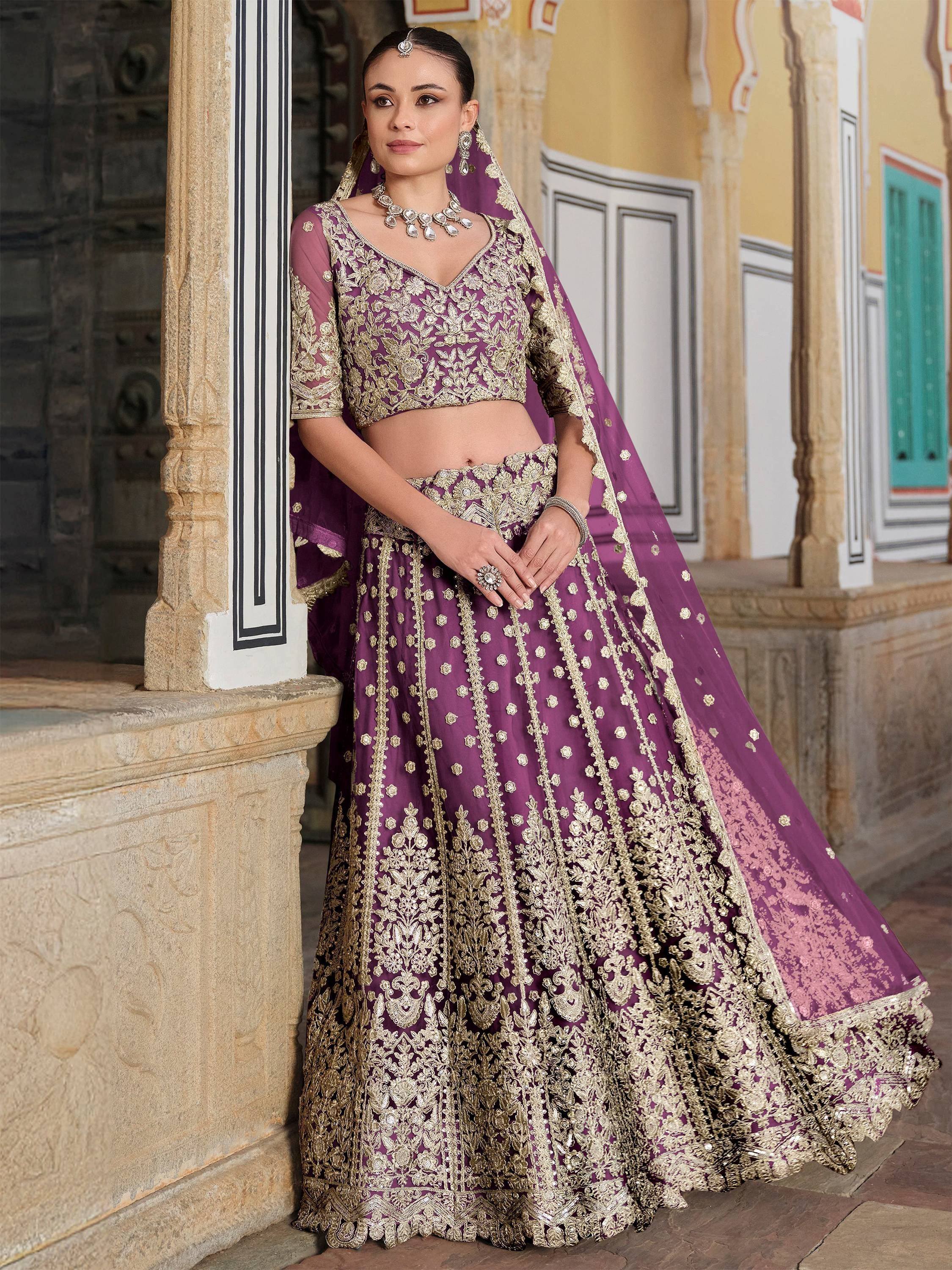 Purple and gold embroidered lehenga choli with dupatta, Indian ethnic wear for weddings