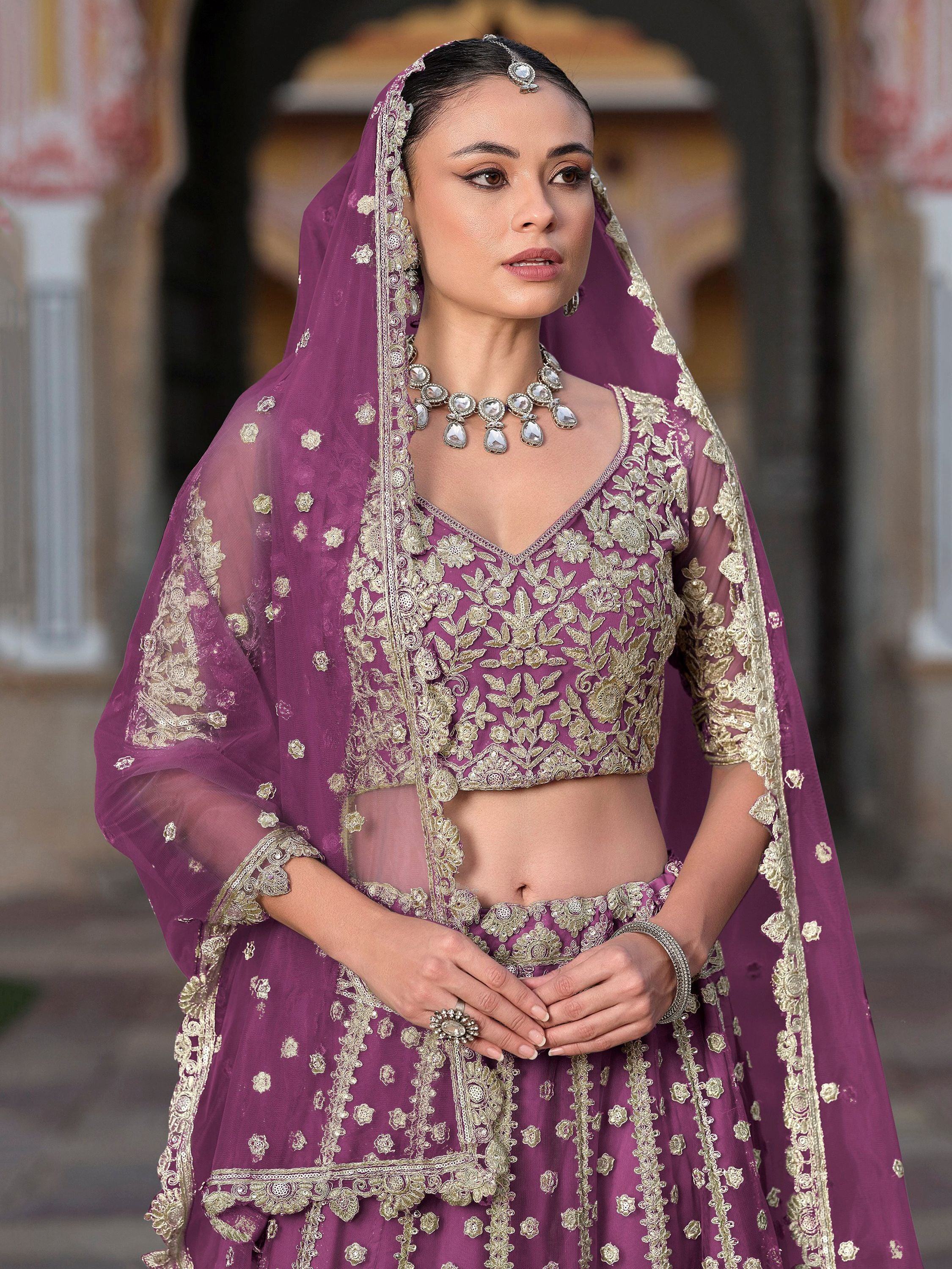 Lovable Purple Embroidered Net Engagement Wear Lehenga Choli
