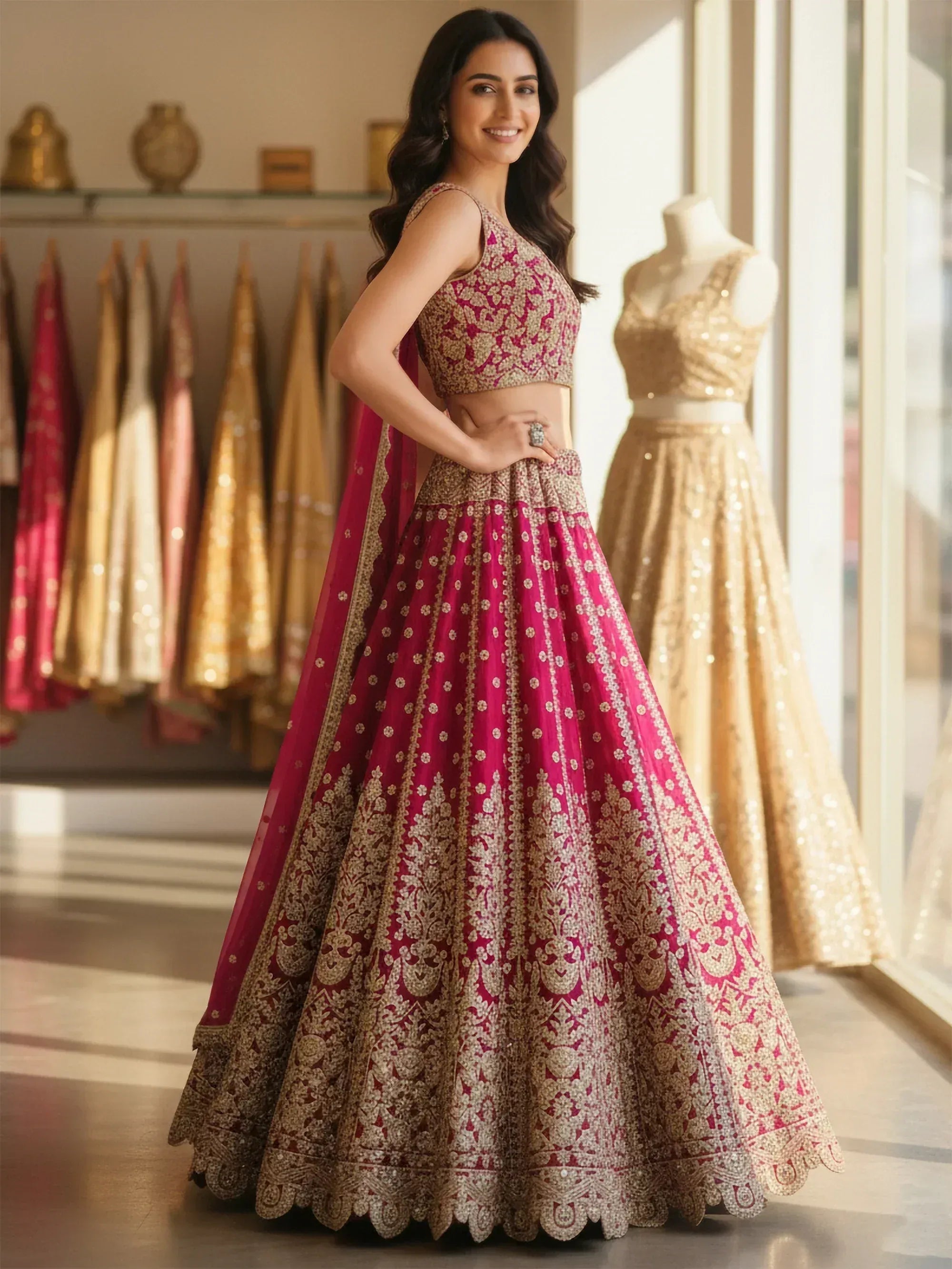 Elegant pink and gold embroidered lehenga choli for Indian ethnic wear