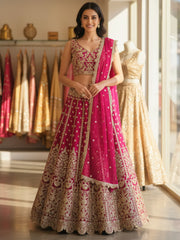Marvelous Pink Embroidered Net Bridesmaid Lehenga Choli With Dupatta