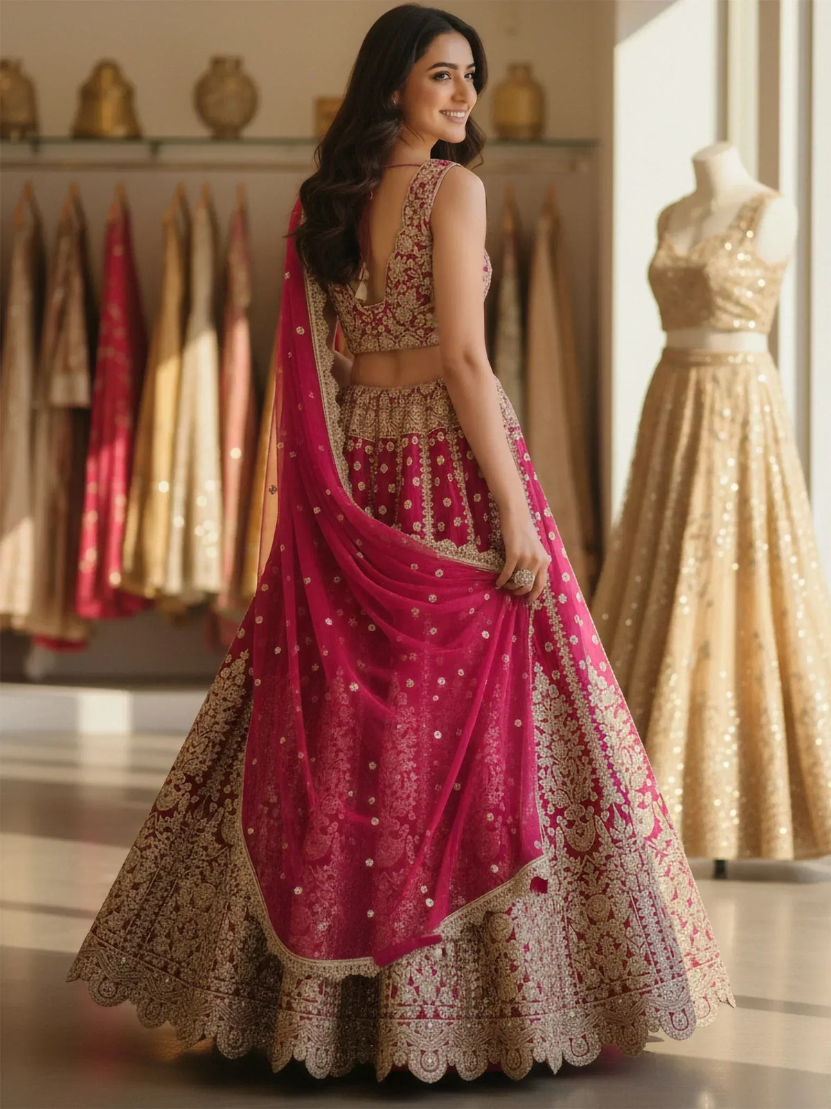 Pink and gold embroidered lehenga choli with detailed dupatta, perfect for Indian ethnic wear occasions