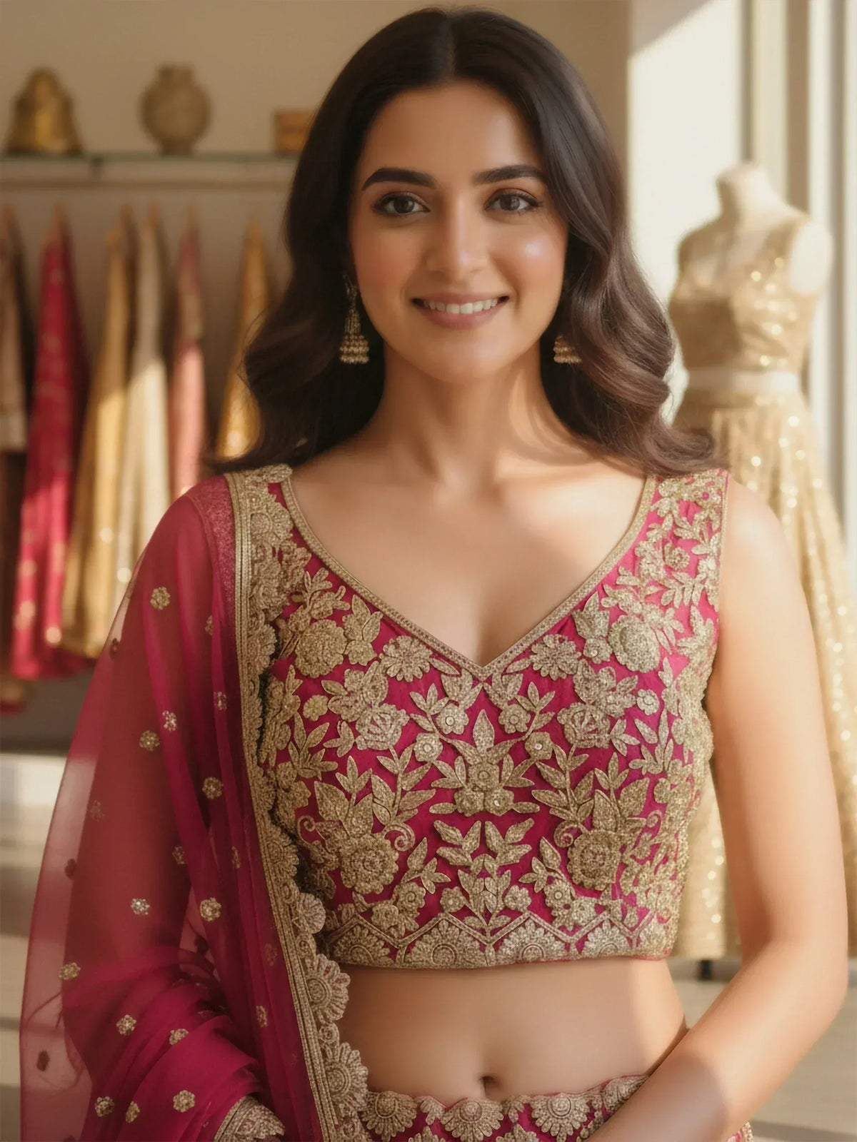 Woman in pink and gold embroidered lehenga choli, Indian ethnic wear with floral detailing