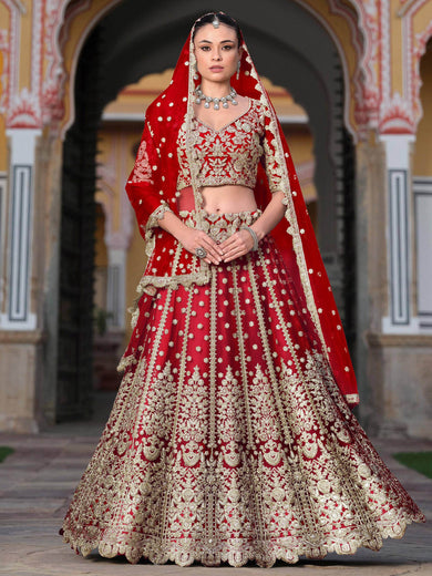 Gorgeous Red Zari Work Net Bridal Wear Lehenga Choli With Dupatta